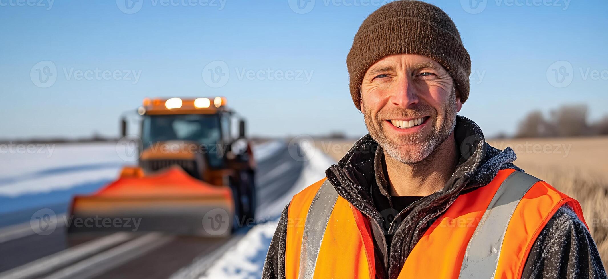A man in an orange vest and hat standing in front of a snow plow photo