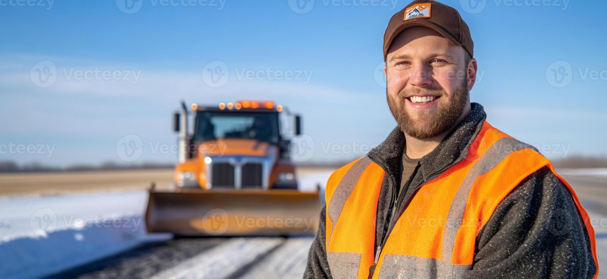 A man in an orange vest and hat standing in front of a bulldozer photo