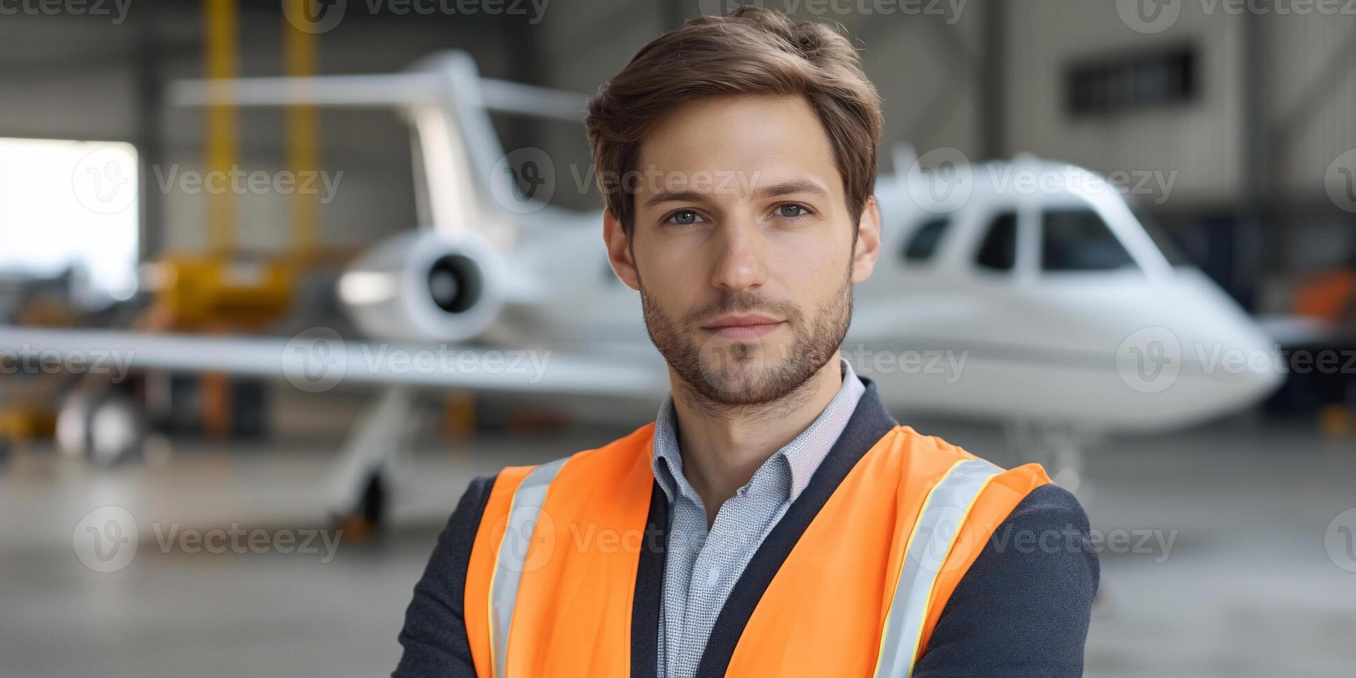A man in an orange vest standing in front of a plane photo
