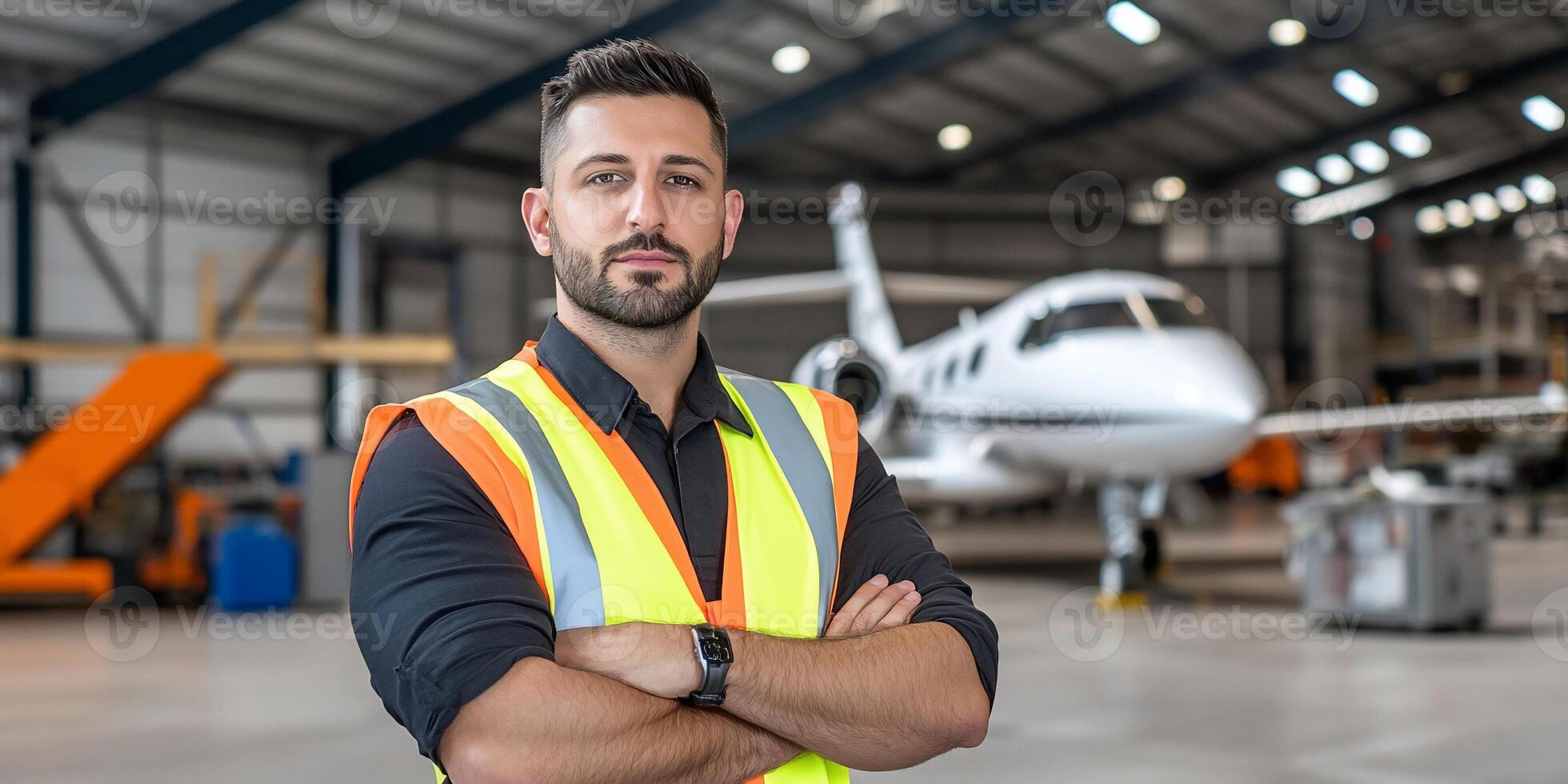 A man in a safety vest standing in front of an airplane photo