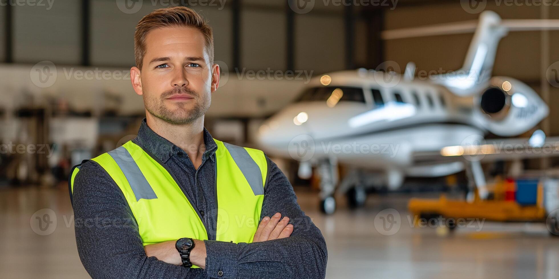 A man in a safety vest standing in front of a private jet photo