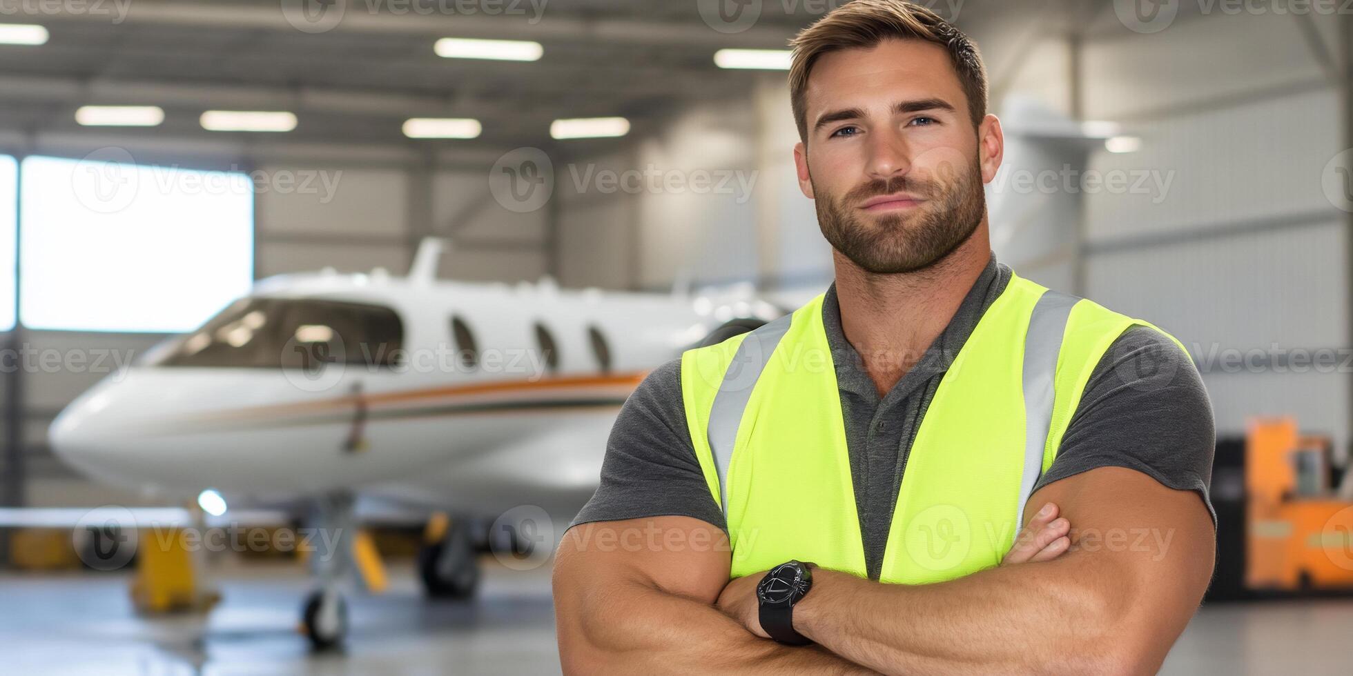 A man in a vest standing in front of a private jet photo