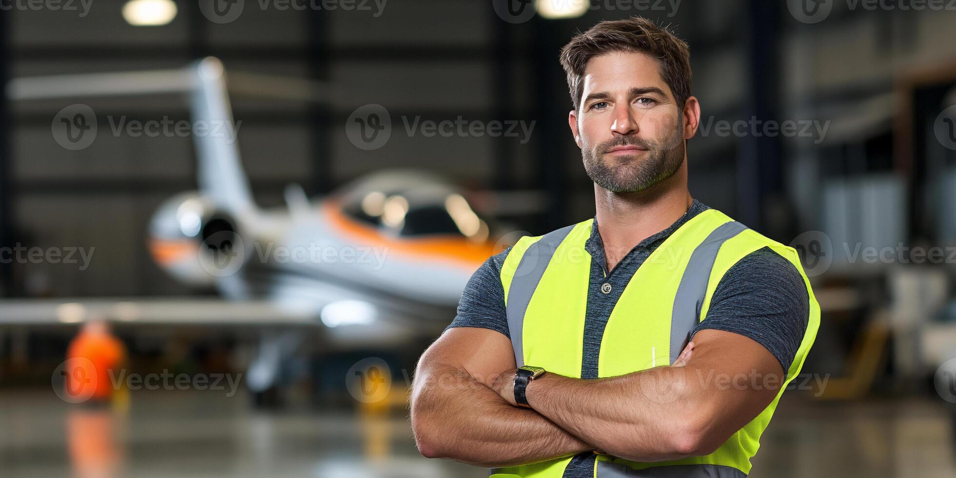 A man in a safety vest standing in front of an airplane photo