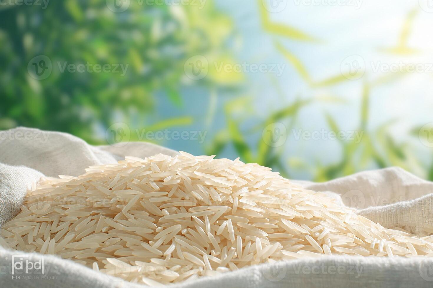 A pile of white rice on a cloth photo