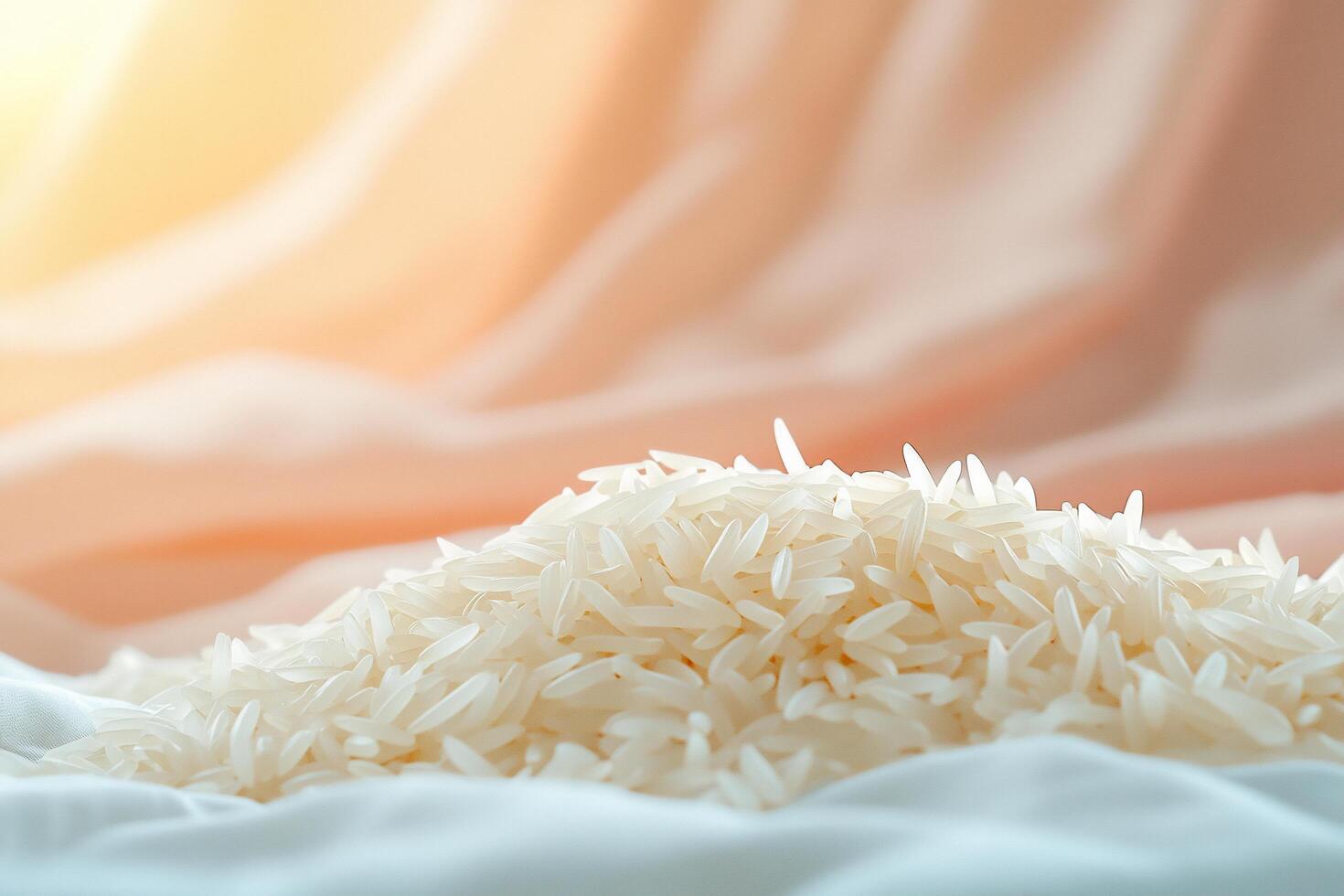 A close-up of uncooked white rice on a soft, light-colored background. photo