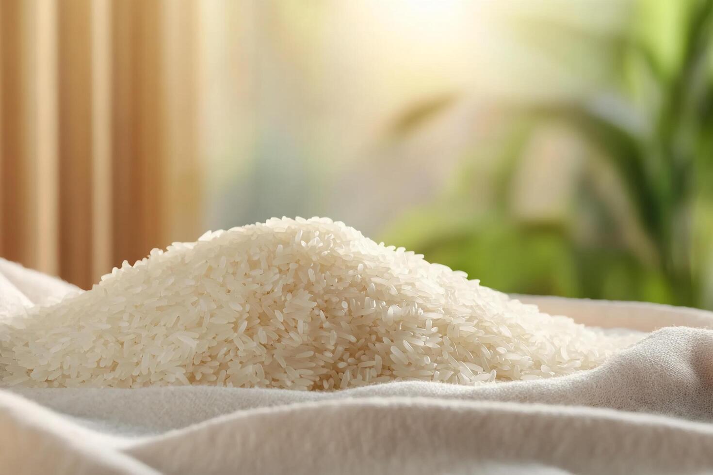 A mound of uncooked white rice on a soft cloth with a blurred background. photo