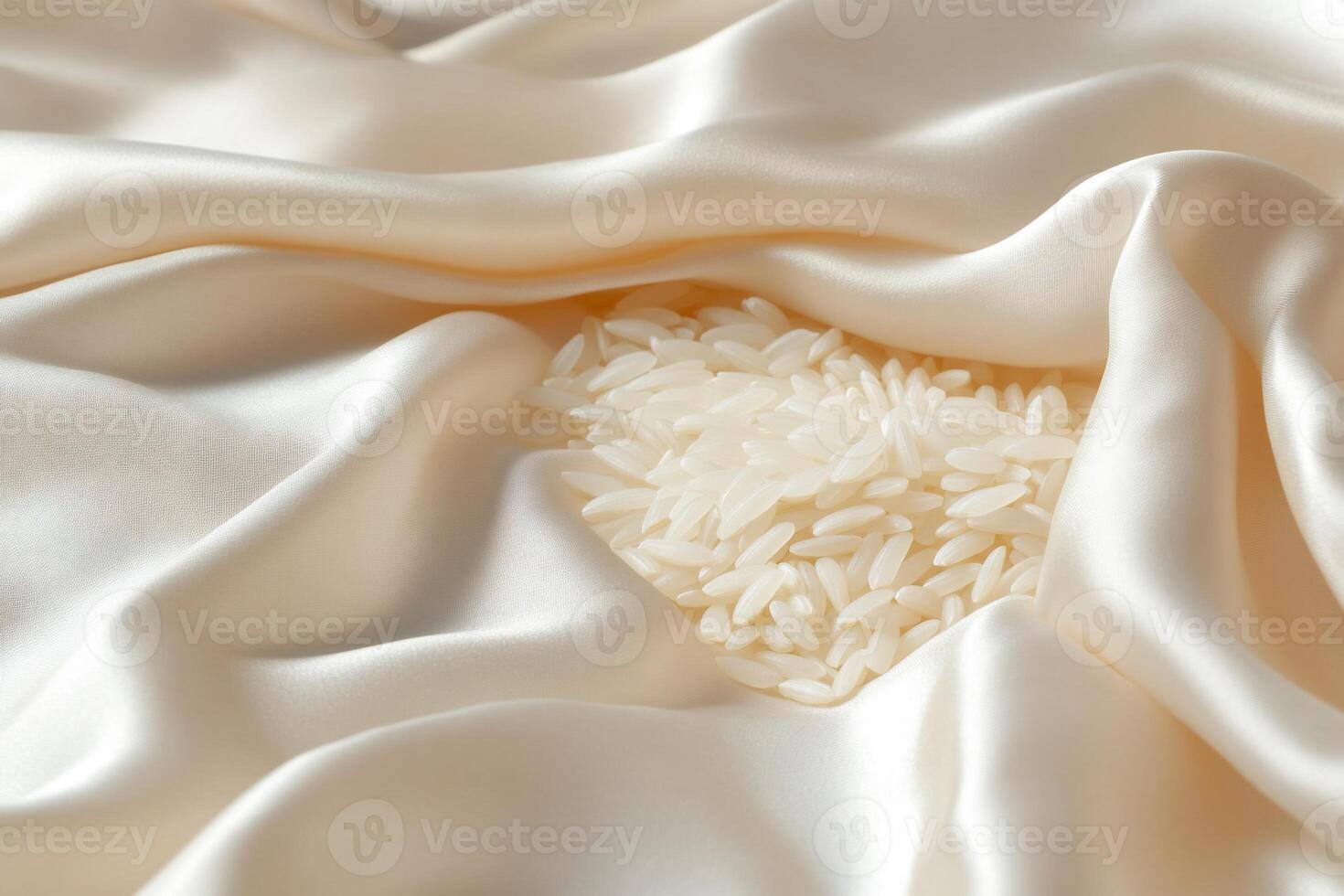 Rice in a heart shape on a silk sheet photo