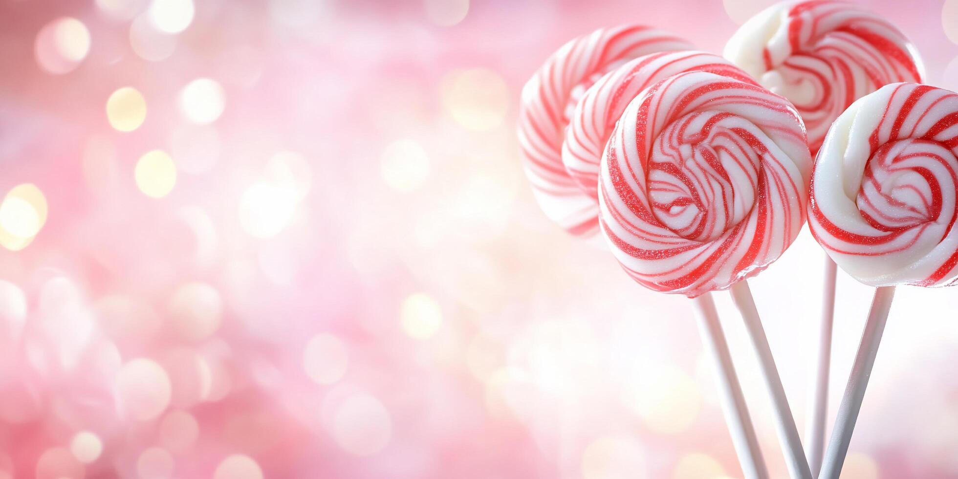 Colorful lollipops on sticks against a soft pink background. photo