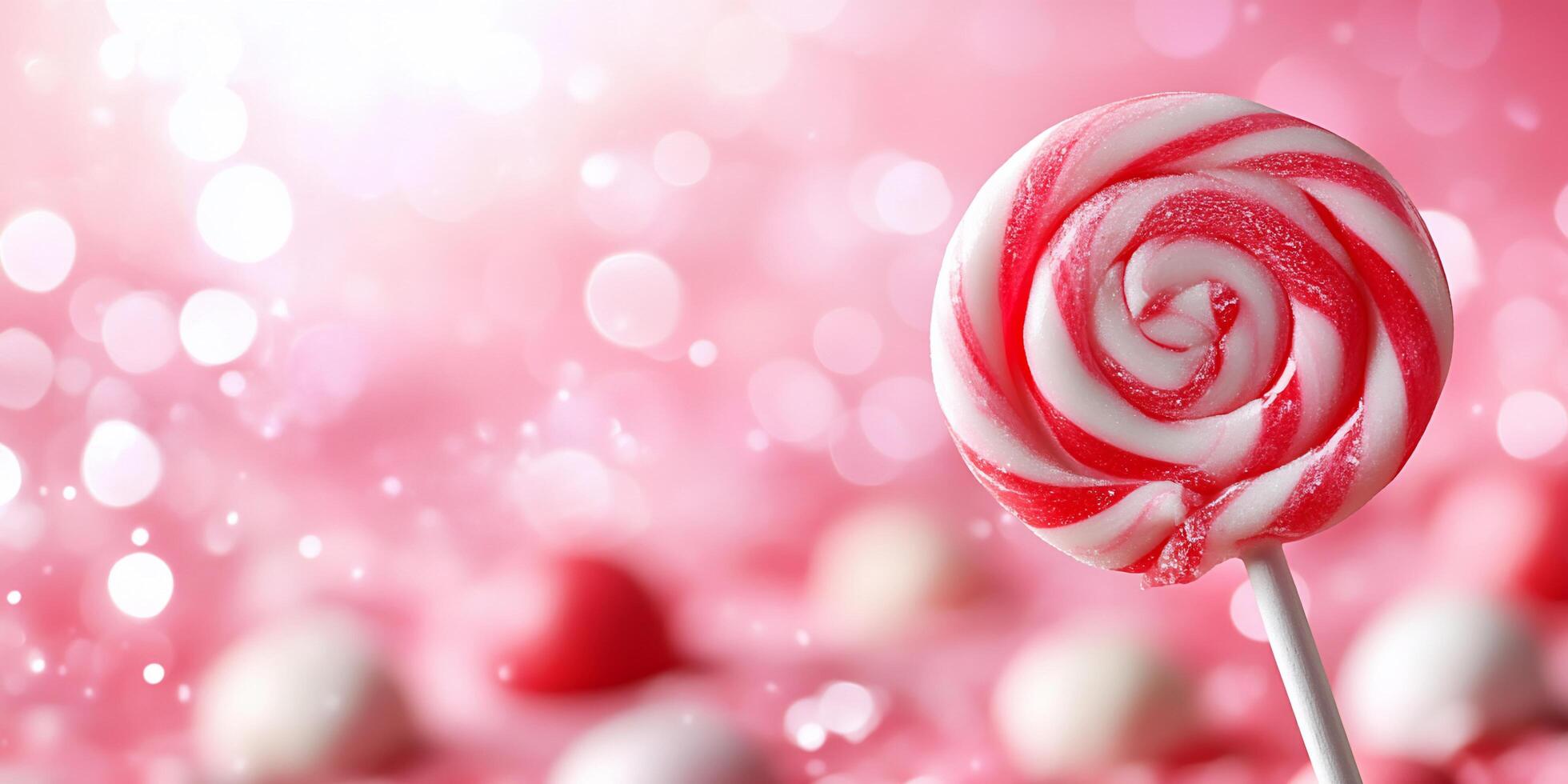 A colorful lollipop on a pink background with soft bokeh effects. photo