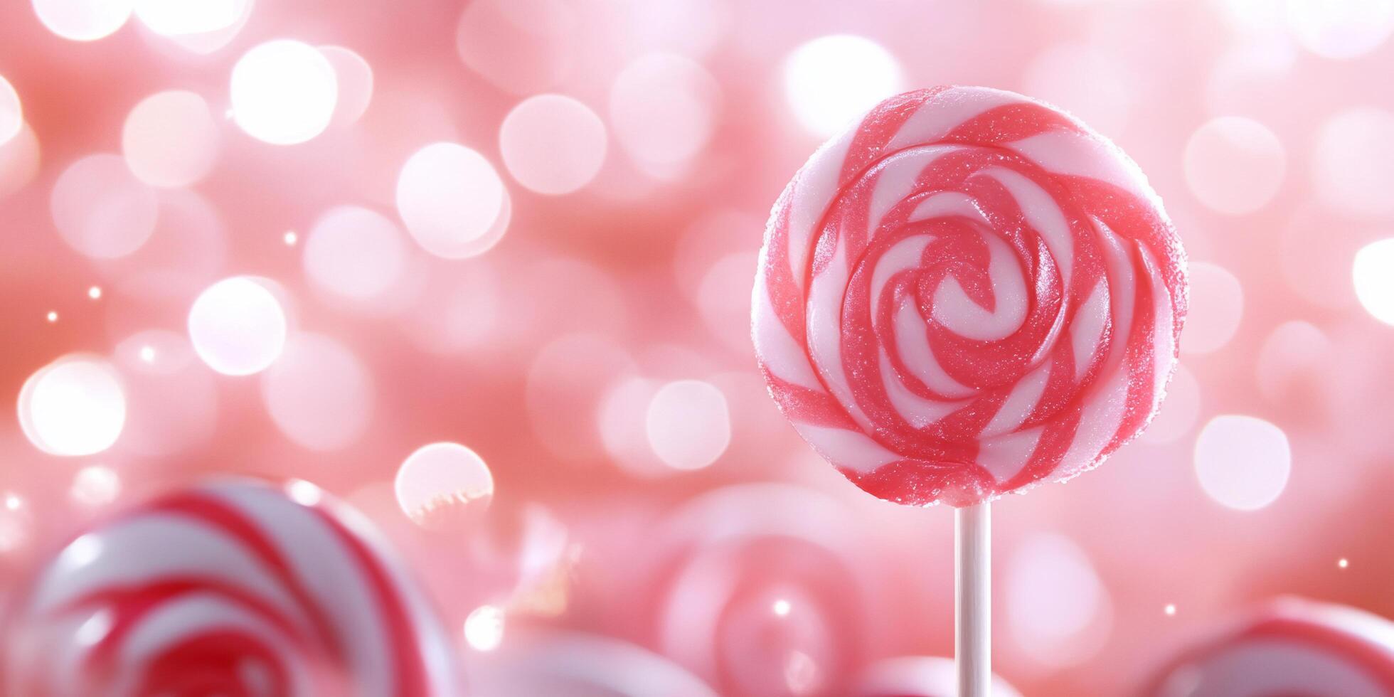 A vibrant lollipop with a swirled design against a blurred pink background. photo