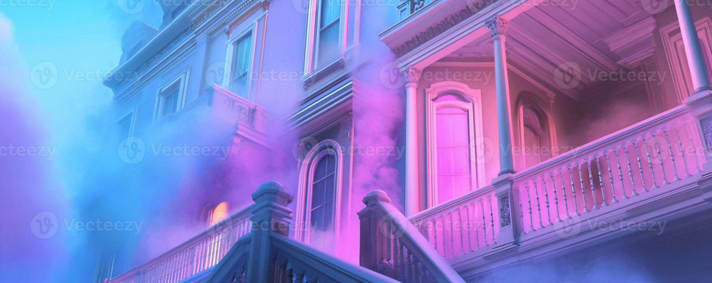 A colorful, misty mansion with vibrant lighting and ethereal atmosphere. photo