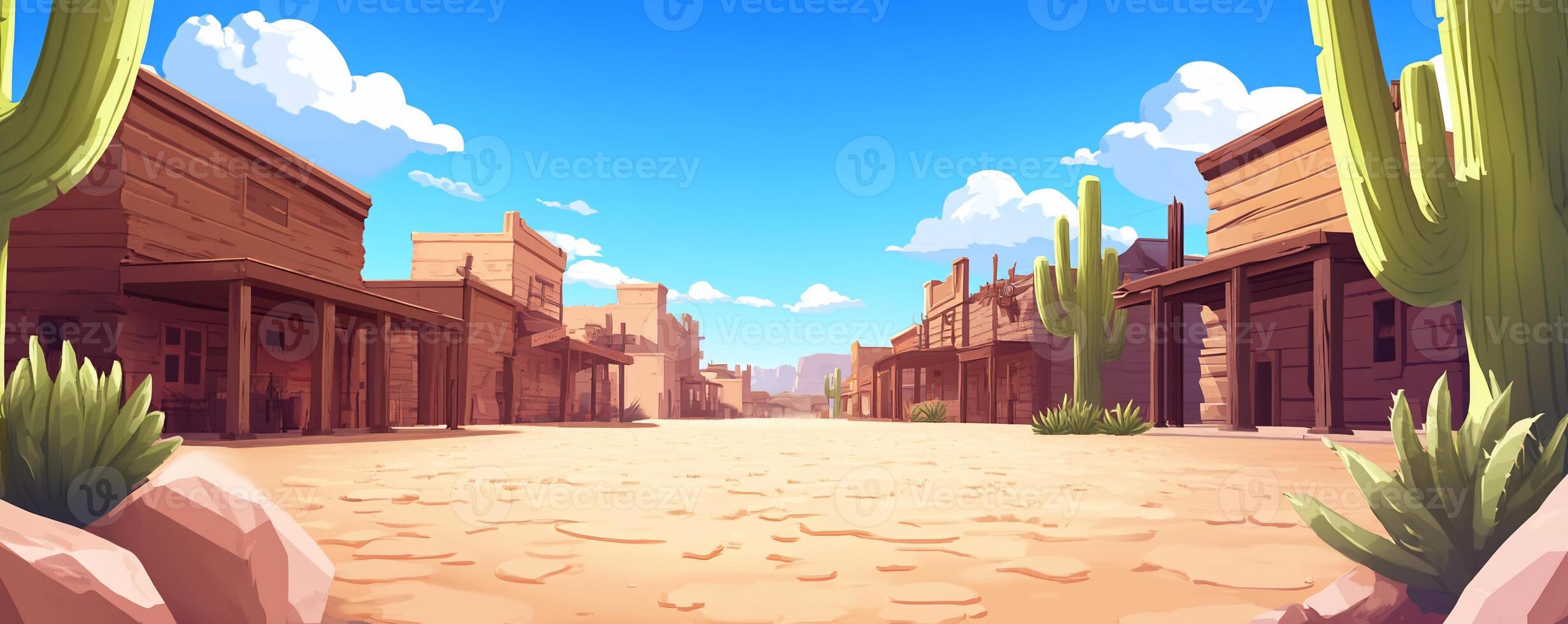 A vibrant illustration of a deserted Wild West town with cacti. photo