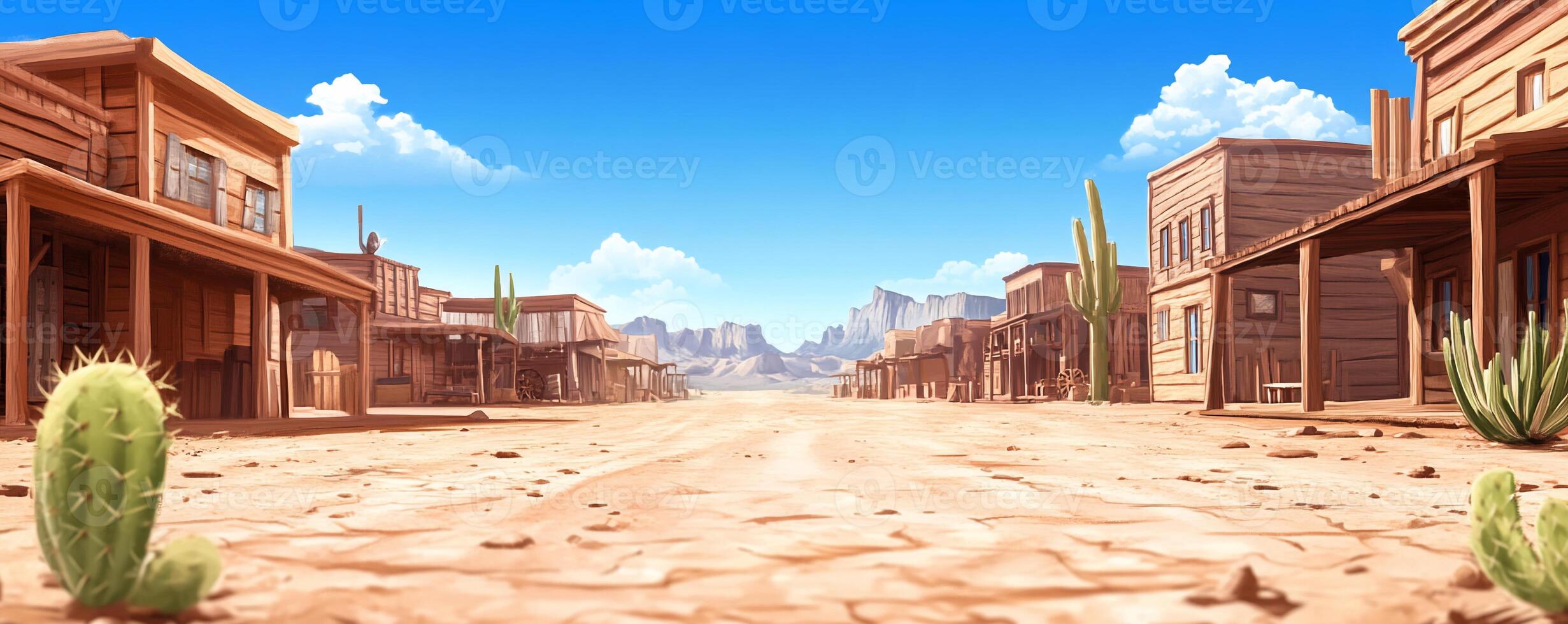 A deserted Wild West town with wooden buildings and cacti. photo