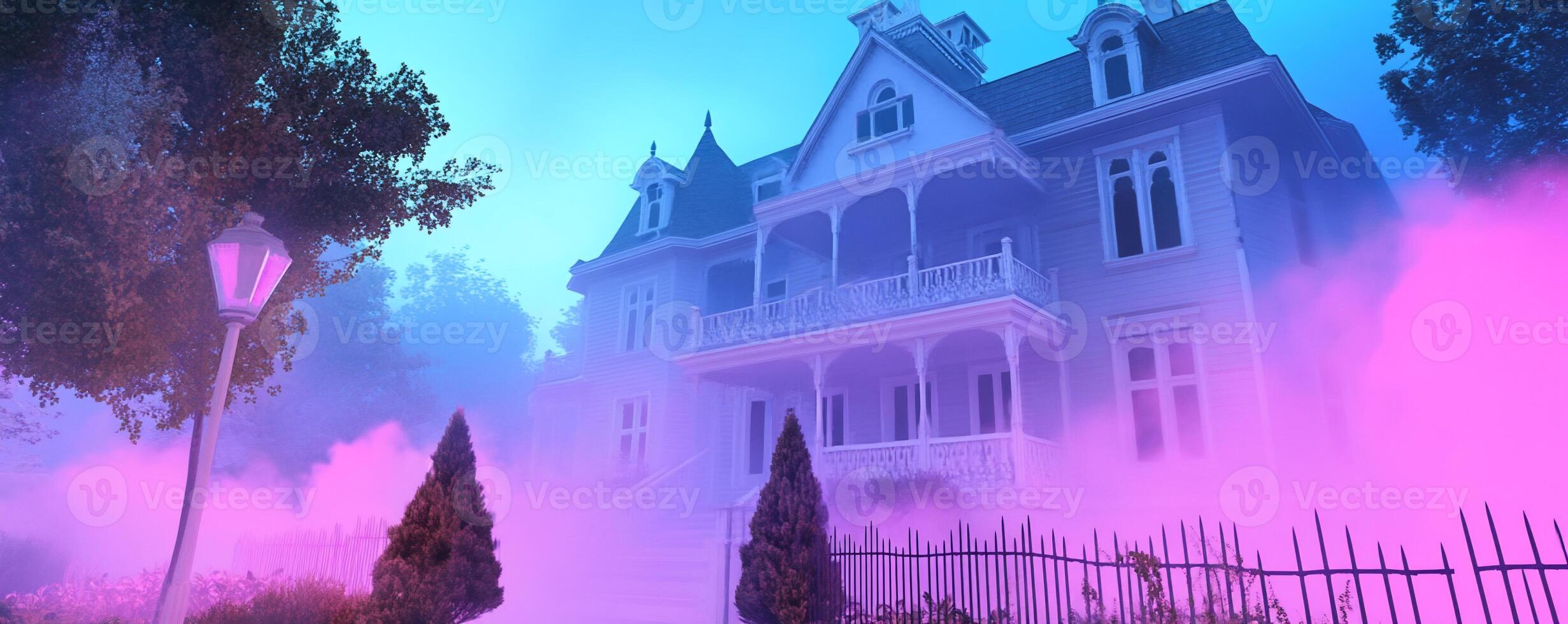 A mysterious, foggy mansion with an ethereal atmosphere. photo