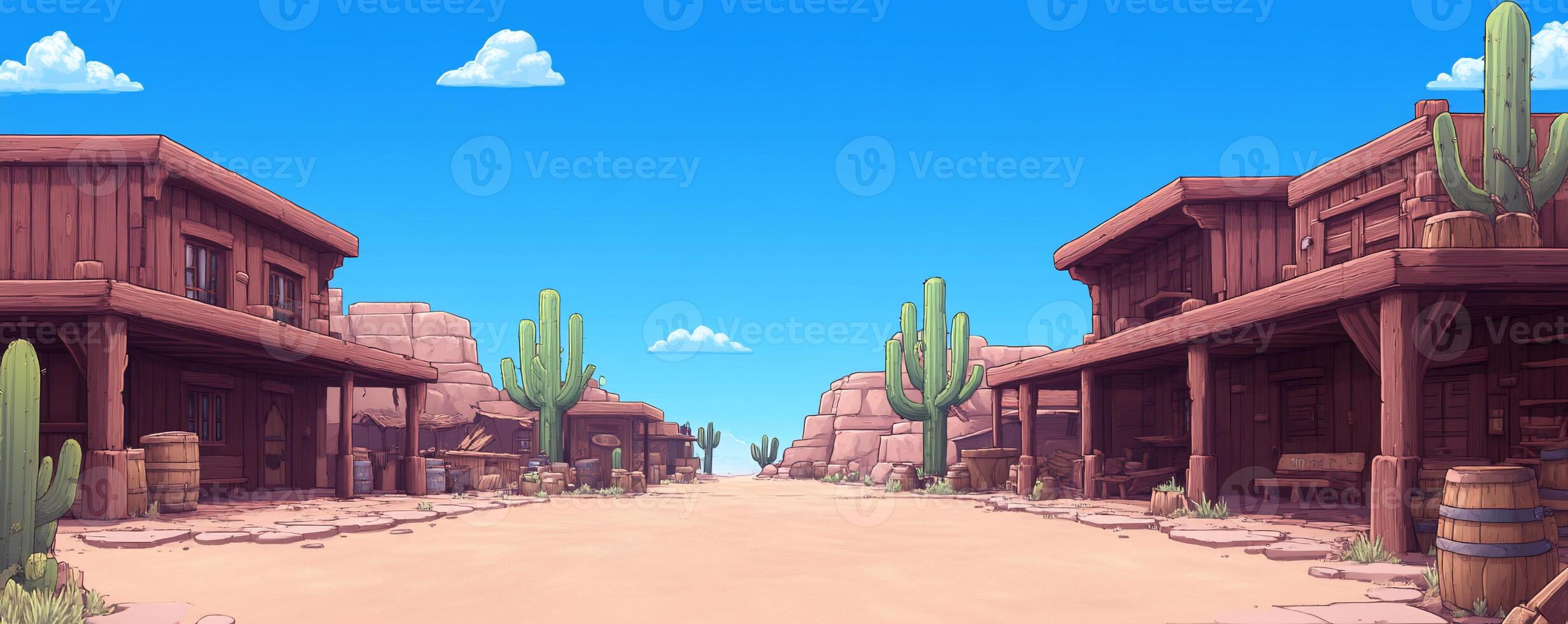 A vibrant cartoon-style Wild West town with wooden buildings and cacti. photo
