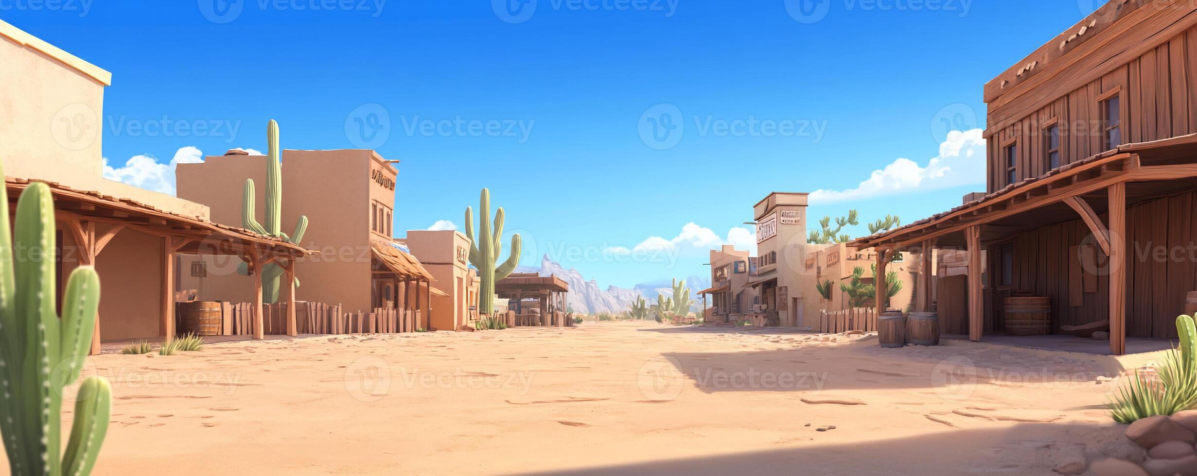 A deserted western town scene with buildings and cacti under a clear sky. photo