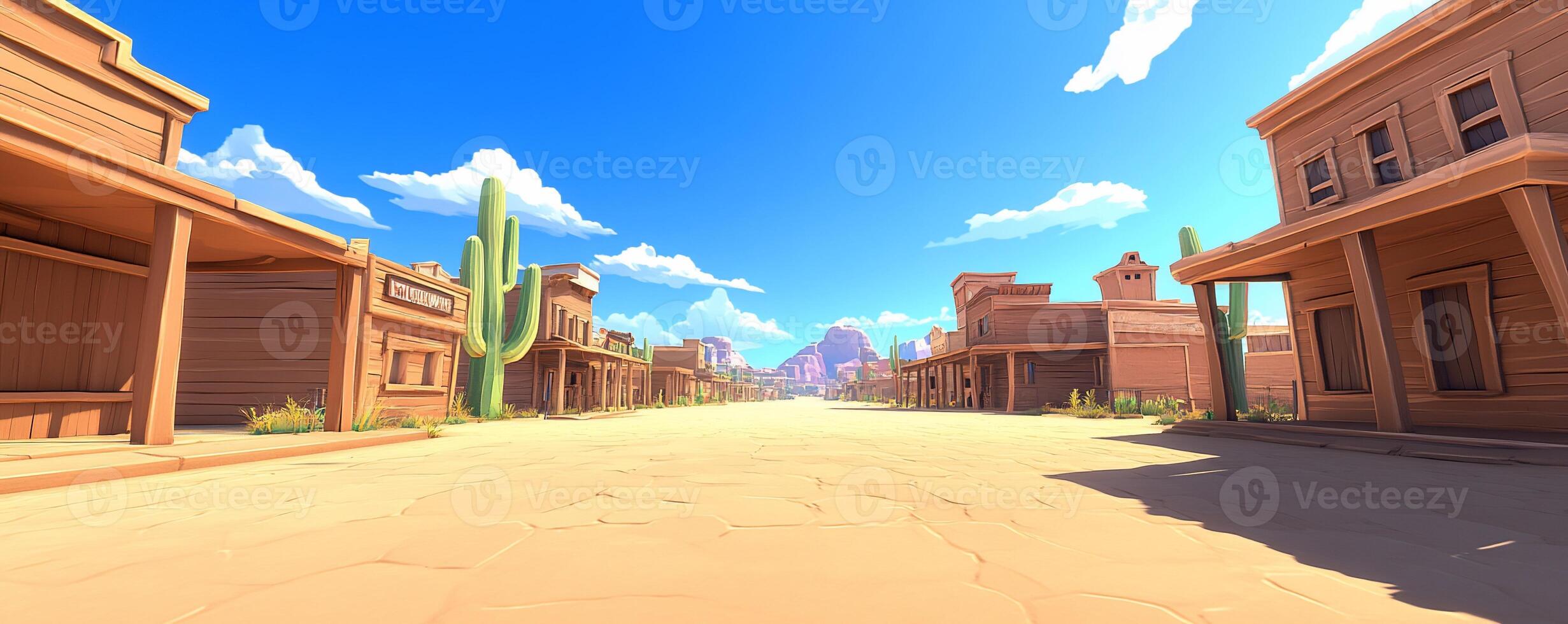 A vibrant cartoon-style western town with wooden buildings and cacti. photo