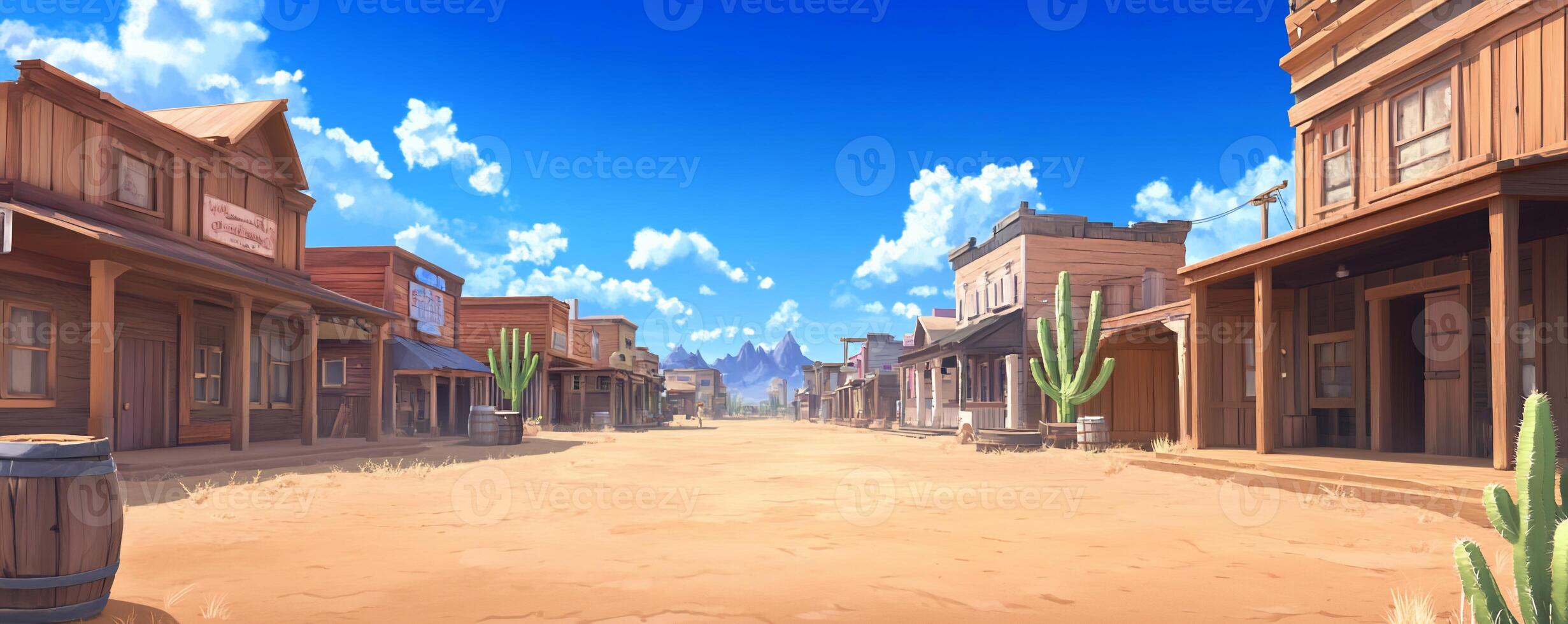 A vibrant western town scene with dusty streets and wooden buildings. photo