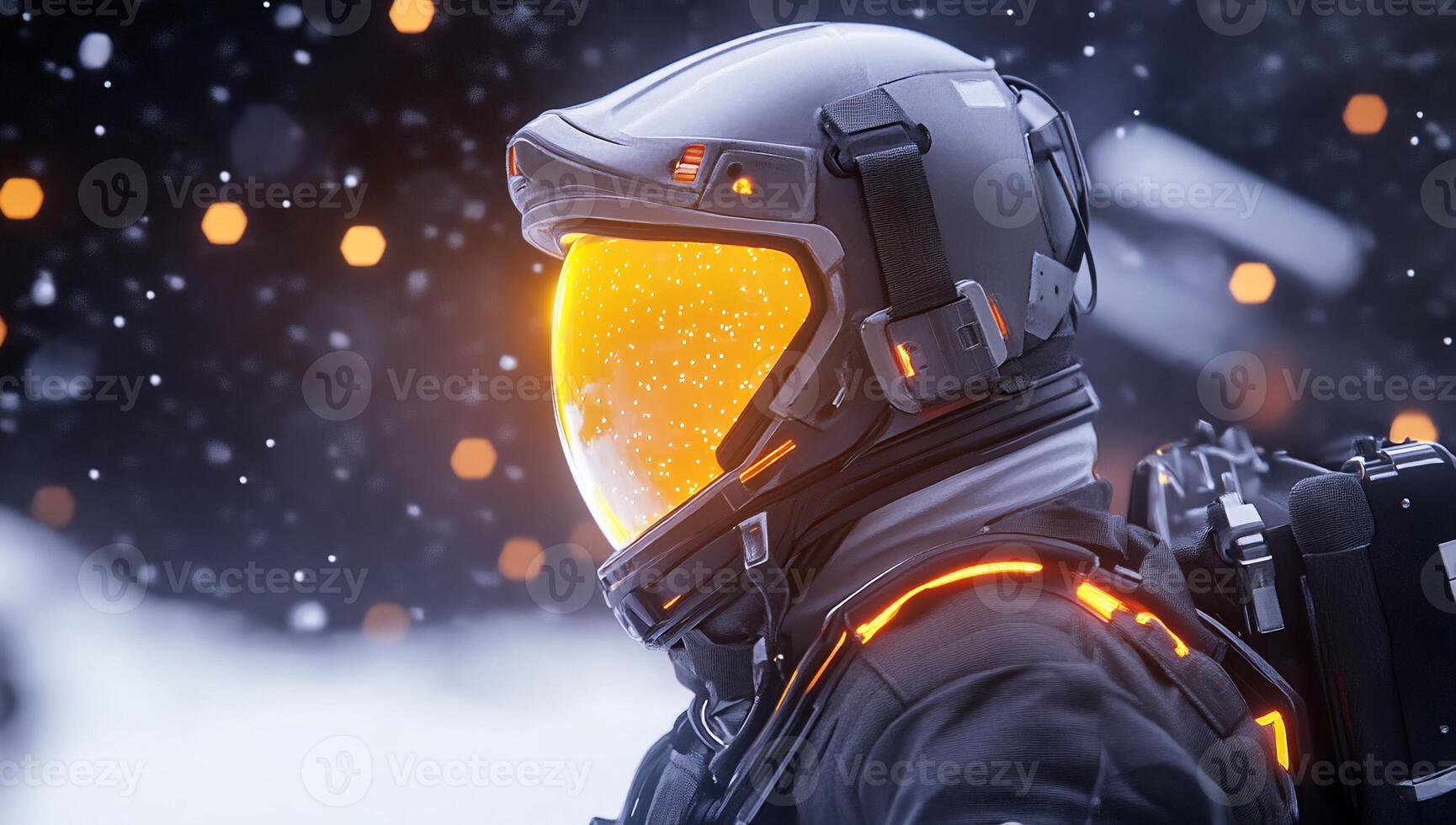 A futuristic astronaut helmet glowing in a snowy environment. photo