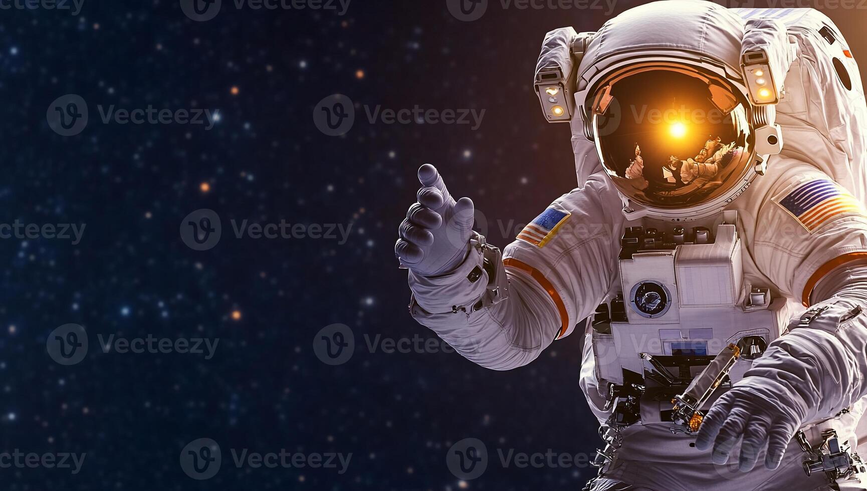 An astronaut in space with his hand up photo