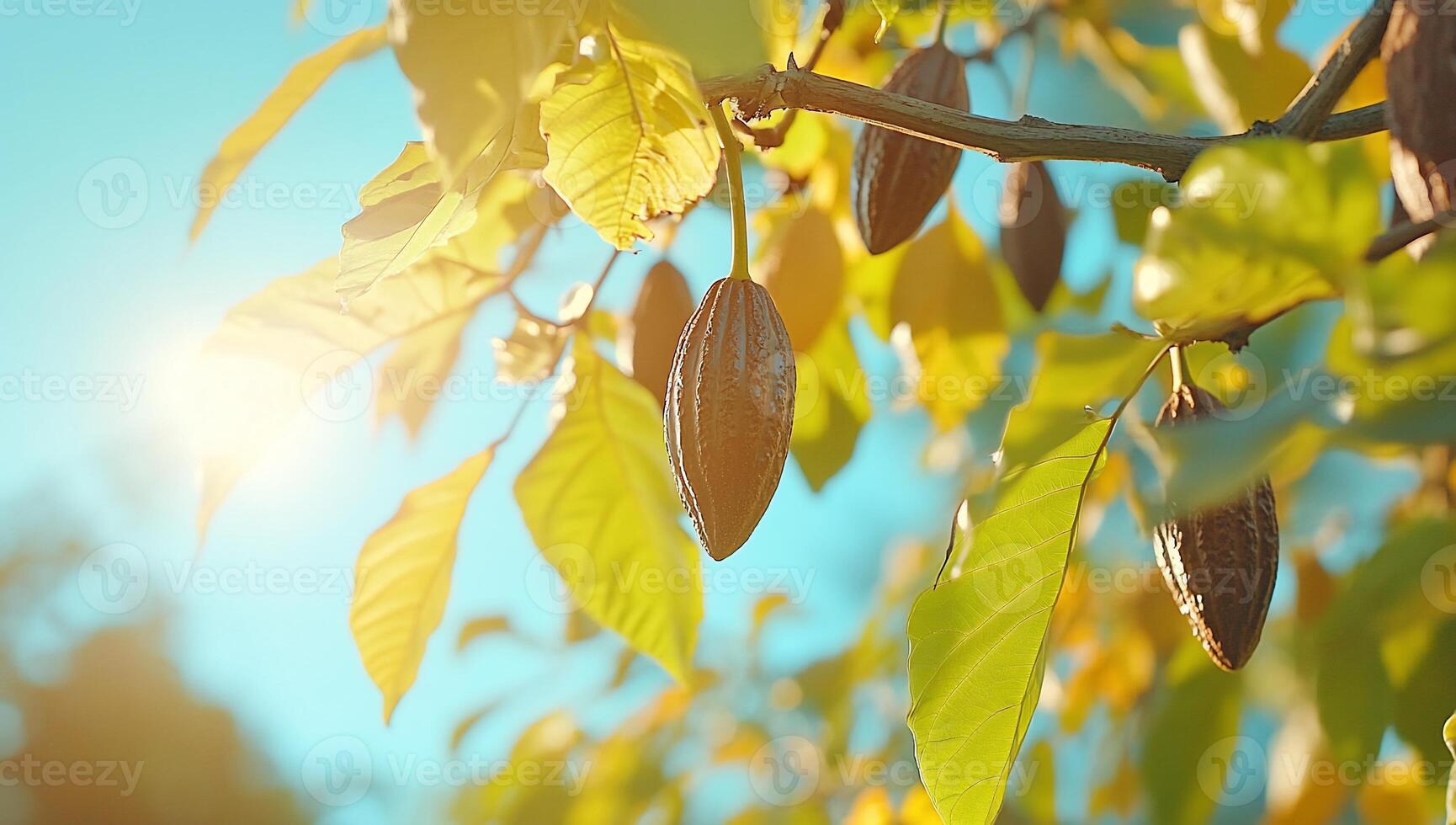 Cacao pods hanging on a tree branch with bright sunlight. photo