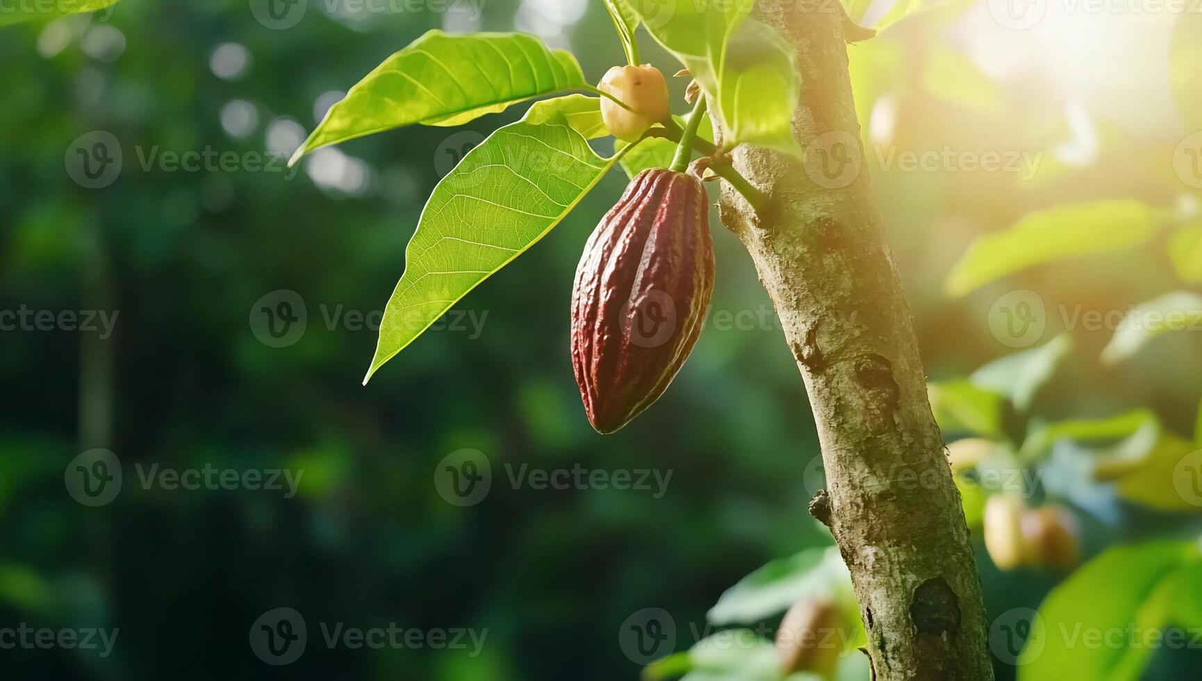 A cacao pod hanging from a tree in a lush green environment. photo