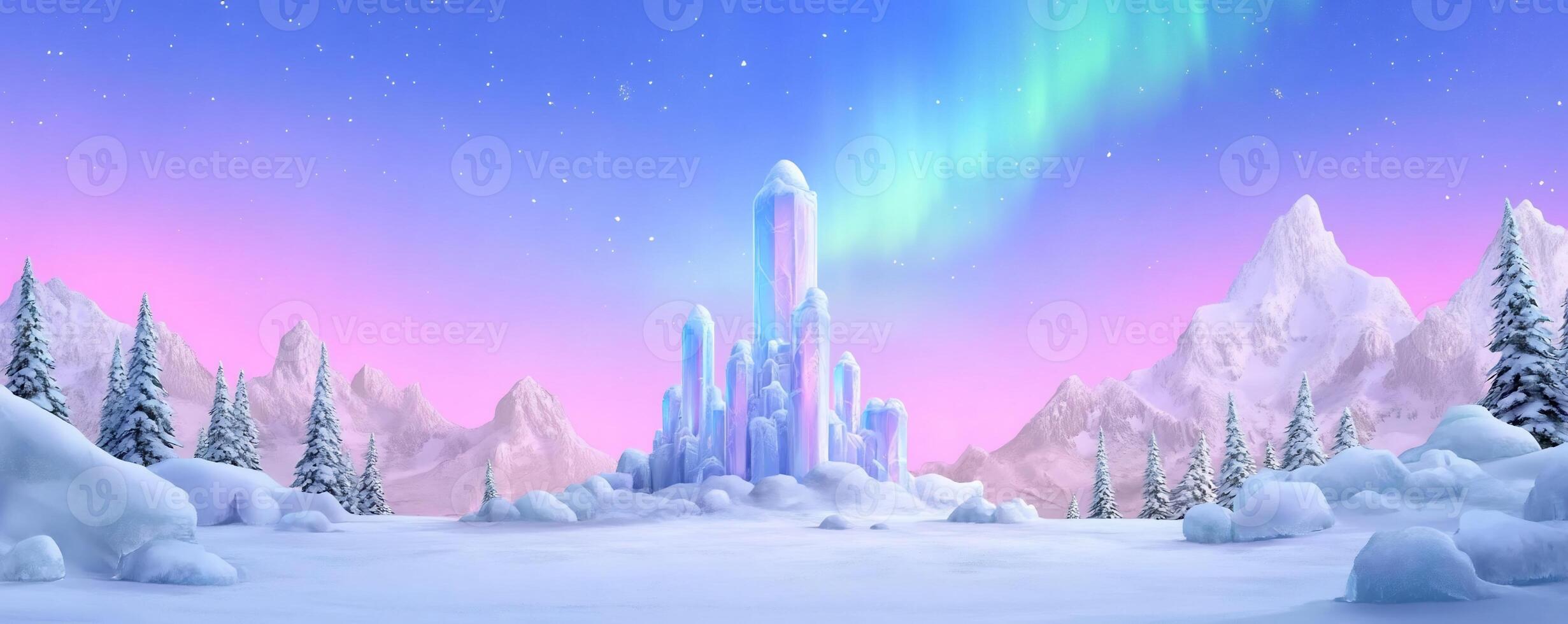 A serene winter landscape with ice formations and auroras in the sky. photo