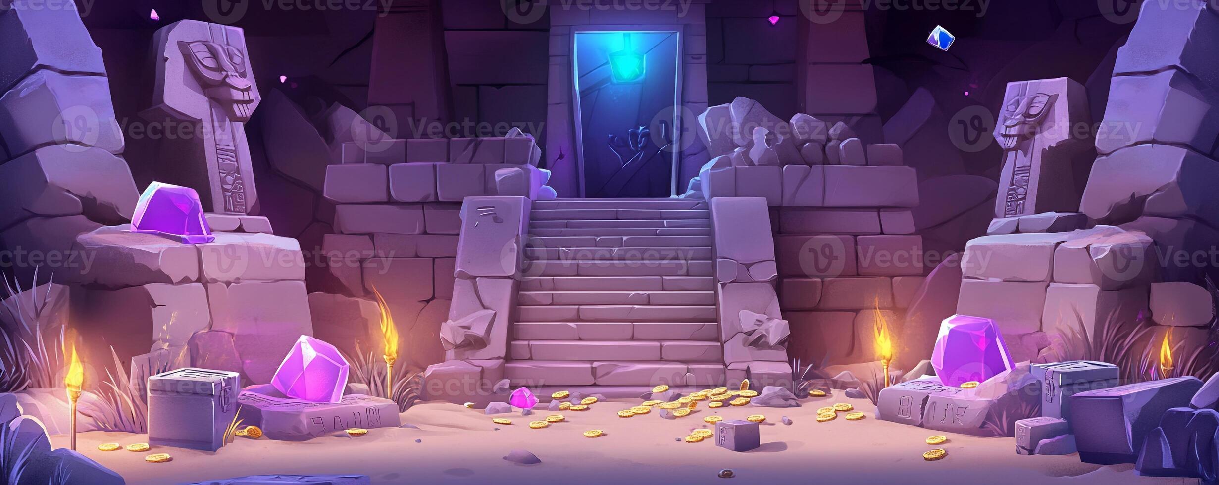 A mysterious ancient temple entrance with treasures and glowing gems. photo