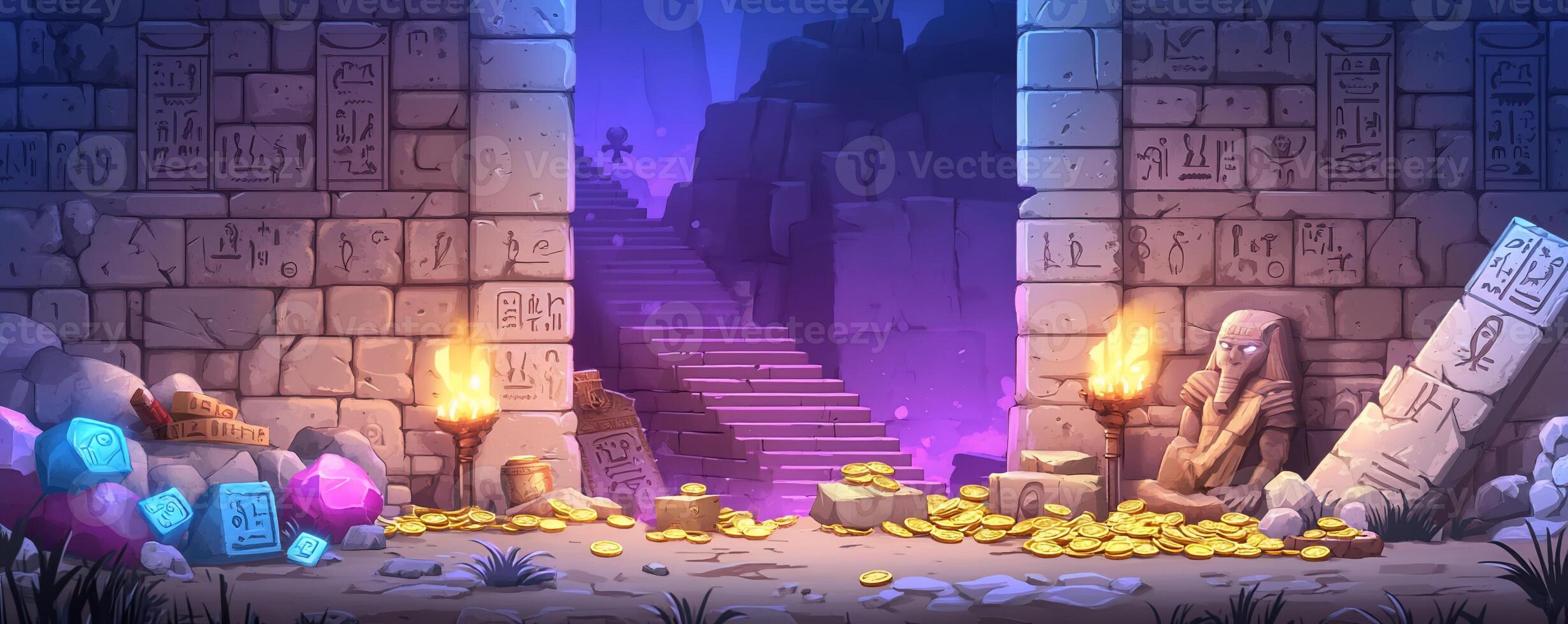 Ancient ruins with treasures and torches, set in a mystical ambiance. photo