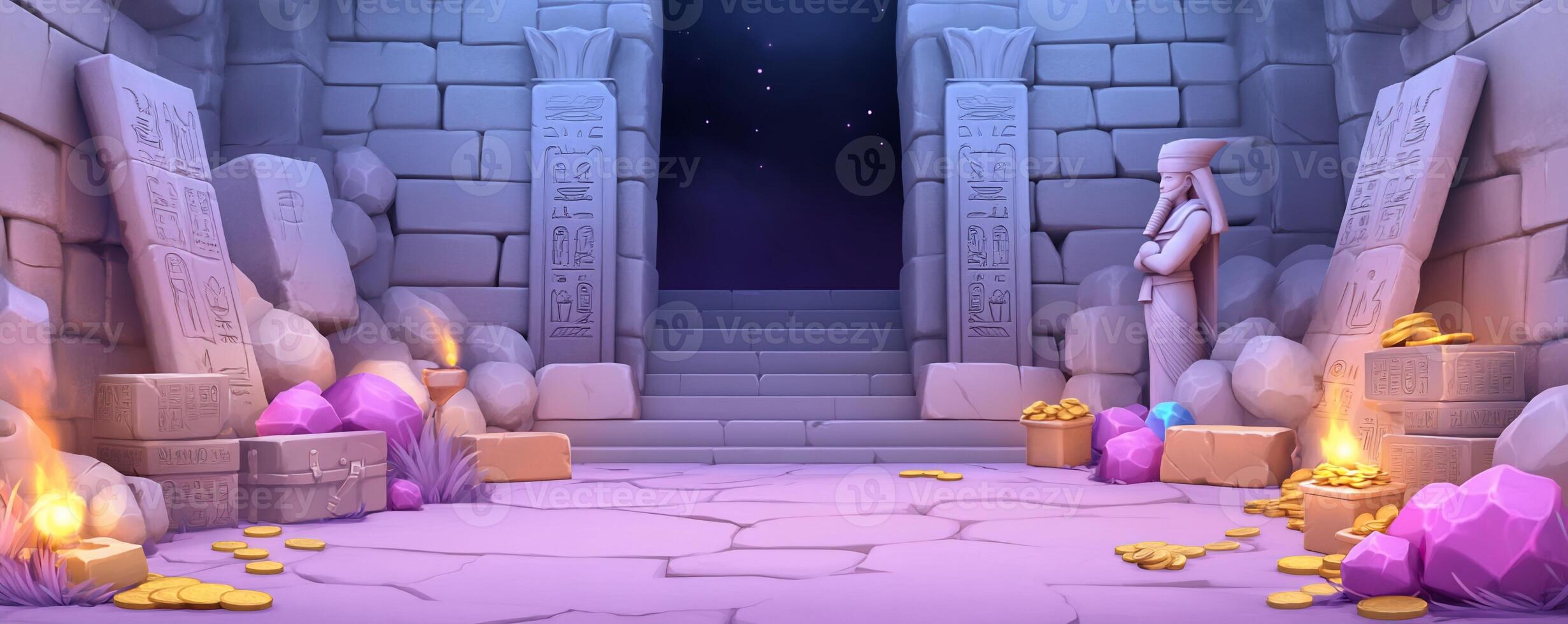 A mystical ancient chamber with treasures and stone carvings. photo