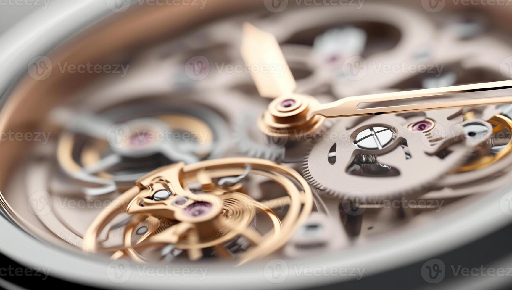 Close-up of a sophisticated mechanical watch movement showcasing gears. photo
