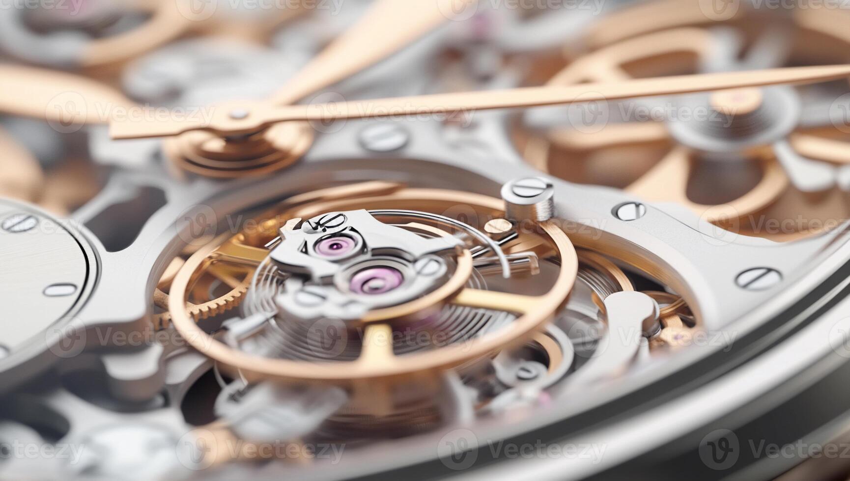 Close-up of a mechanical watch's intricate movement and gears. photo