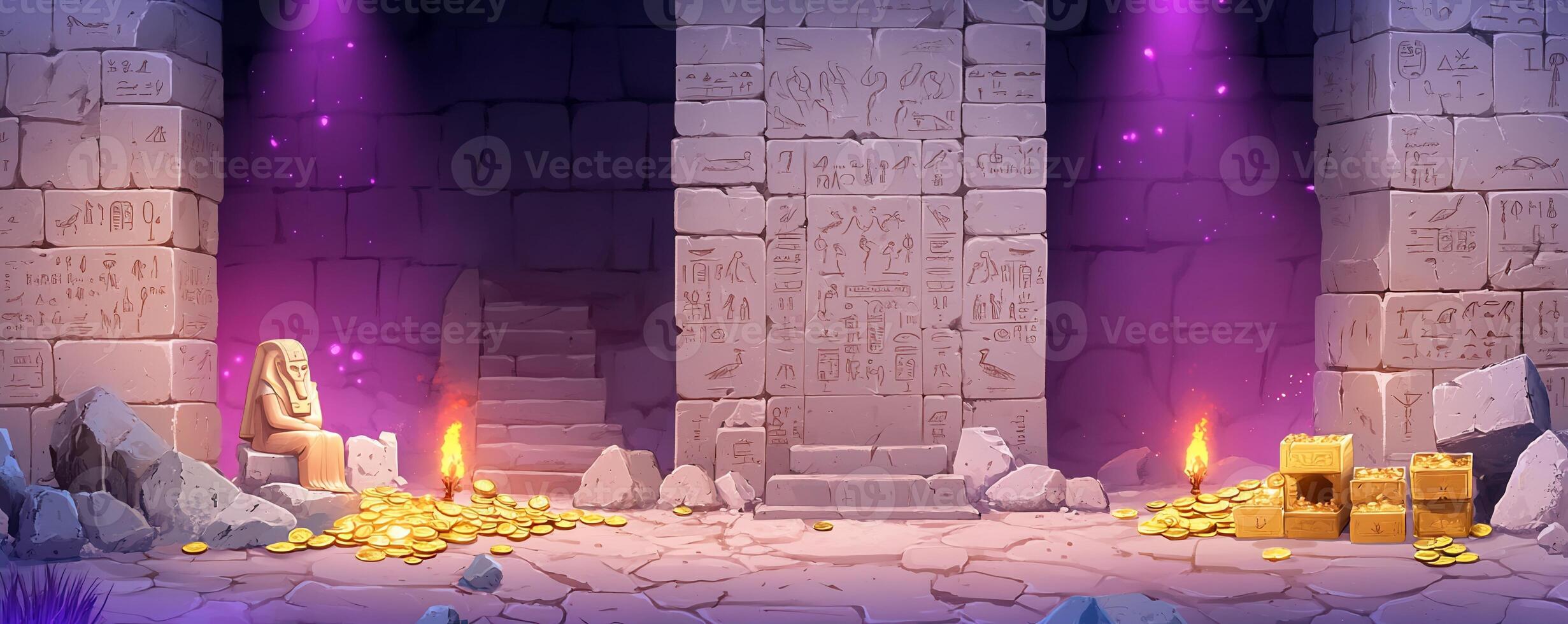 A treasure-filled ancient temple with stone walls and artifacts. photo