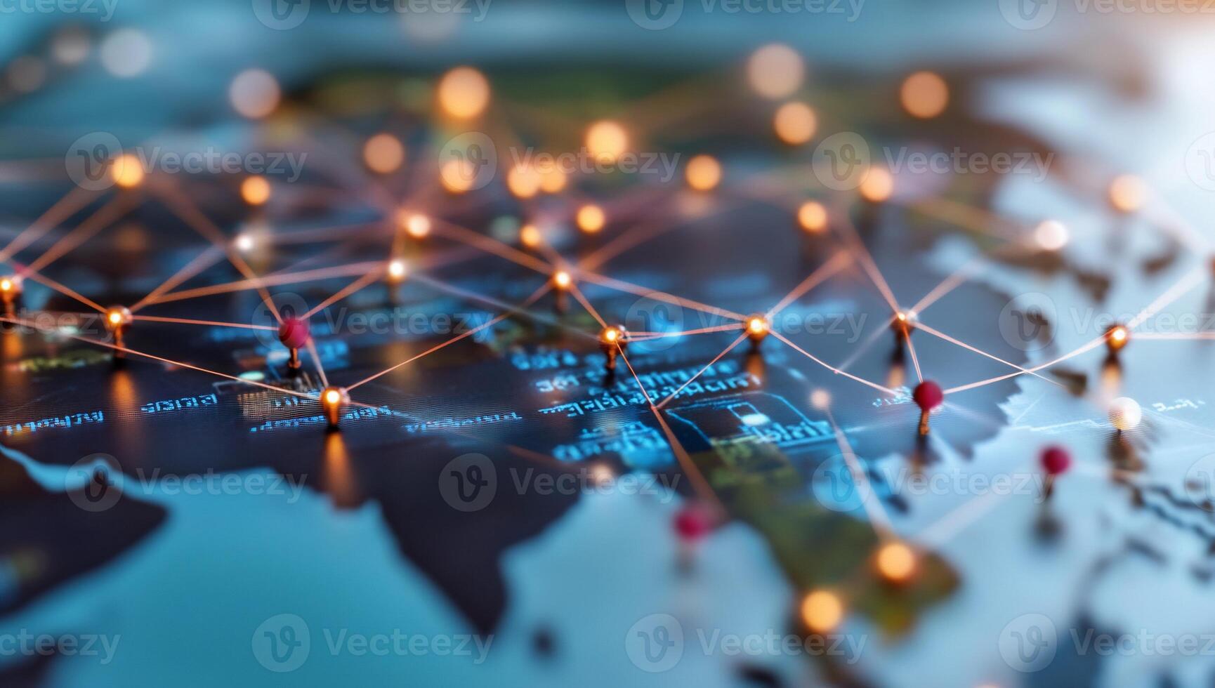 A digital map highlighting global connections with network nodes. photo