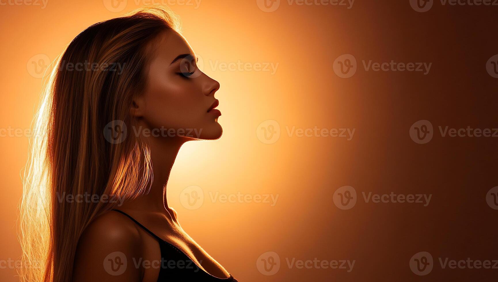 A profile silhouette of a woman against a warm, glowing background. photo
