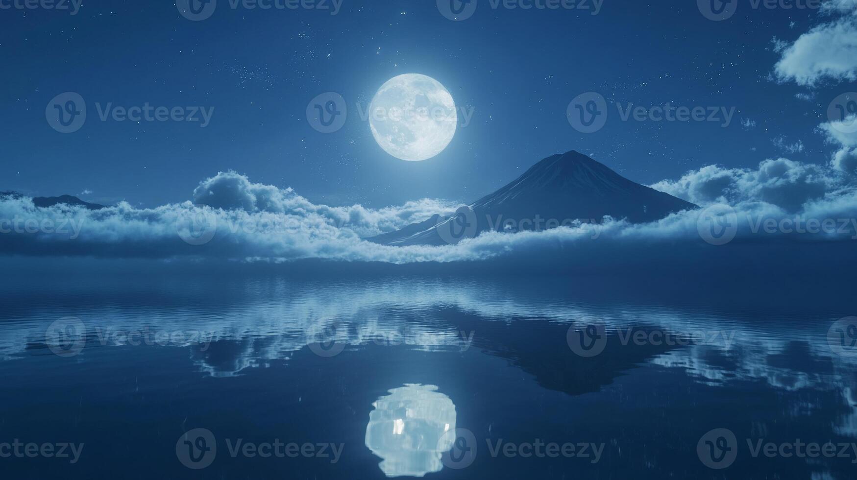 Serene night scene with a full moon reflecting over a tranquil lake. photo
