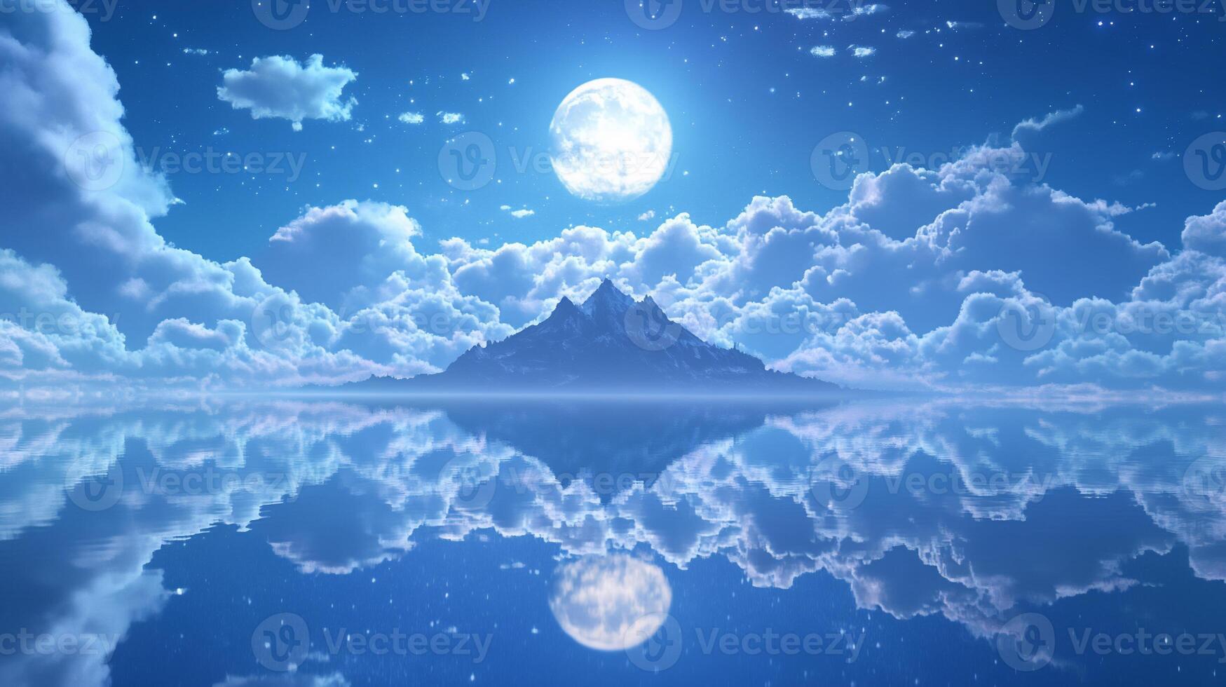 A serene night scene featuring a moonlit mountain and reflective water. photo
