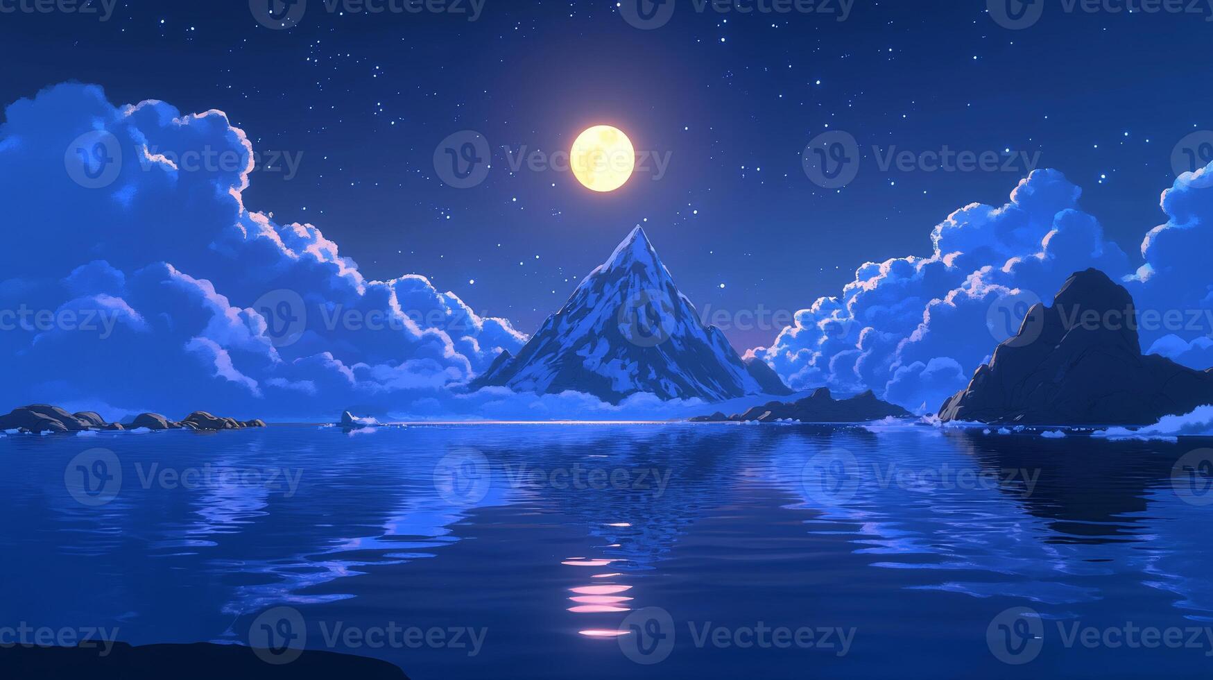 A serene night scene featuring a mountain and moonlit reflection. photo