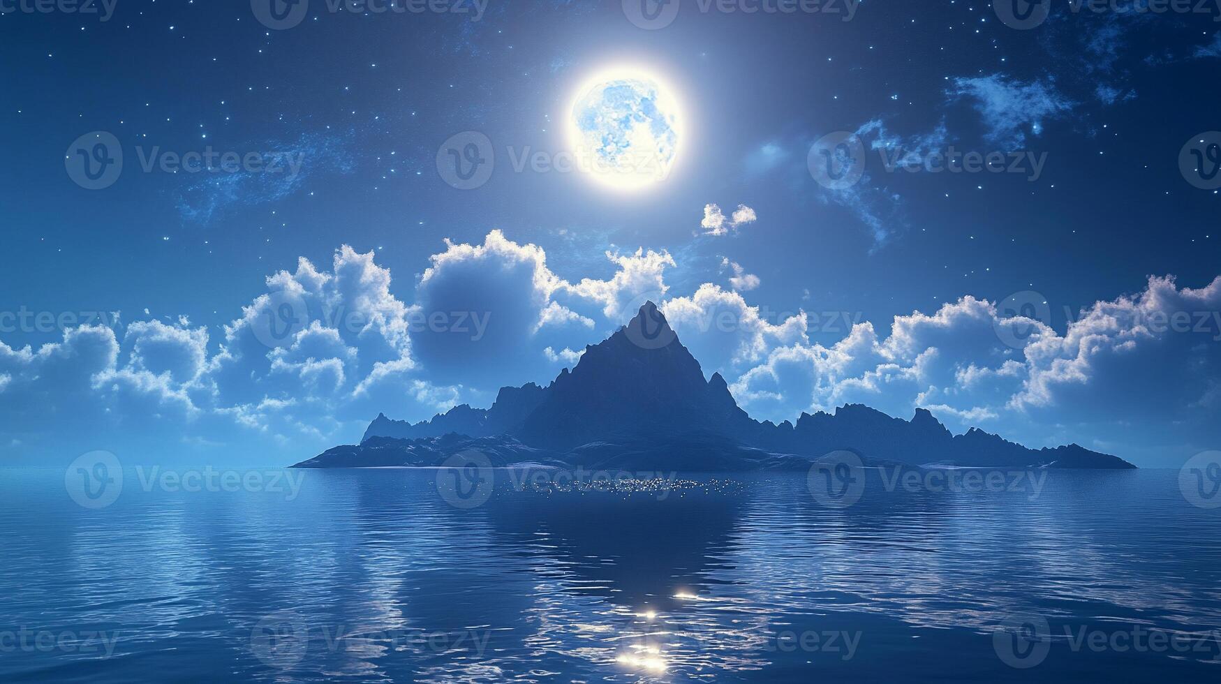 Serene night landscape with a mountain and a glowing moon. photo