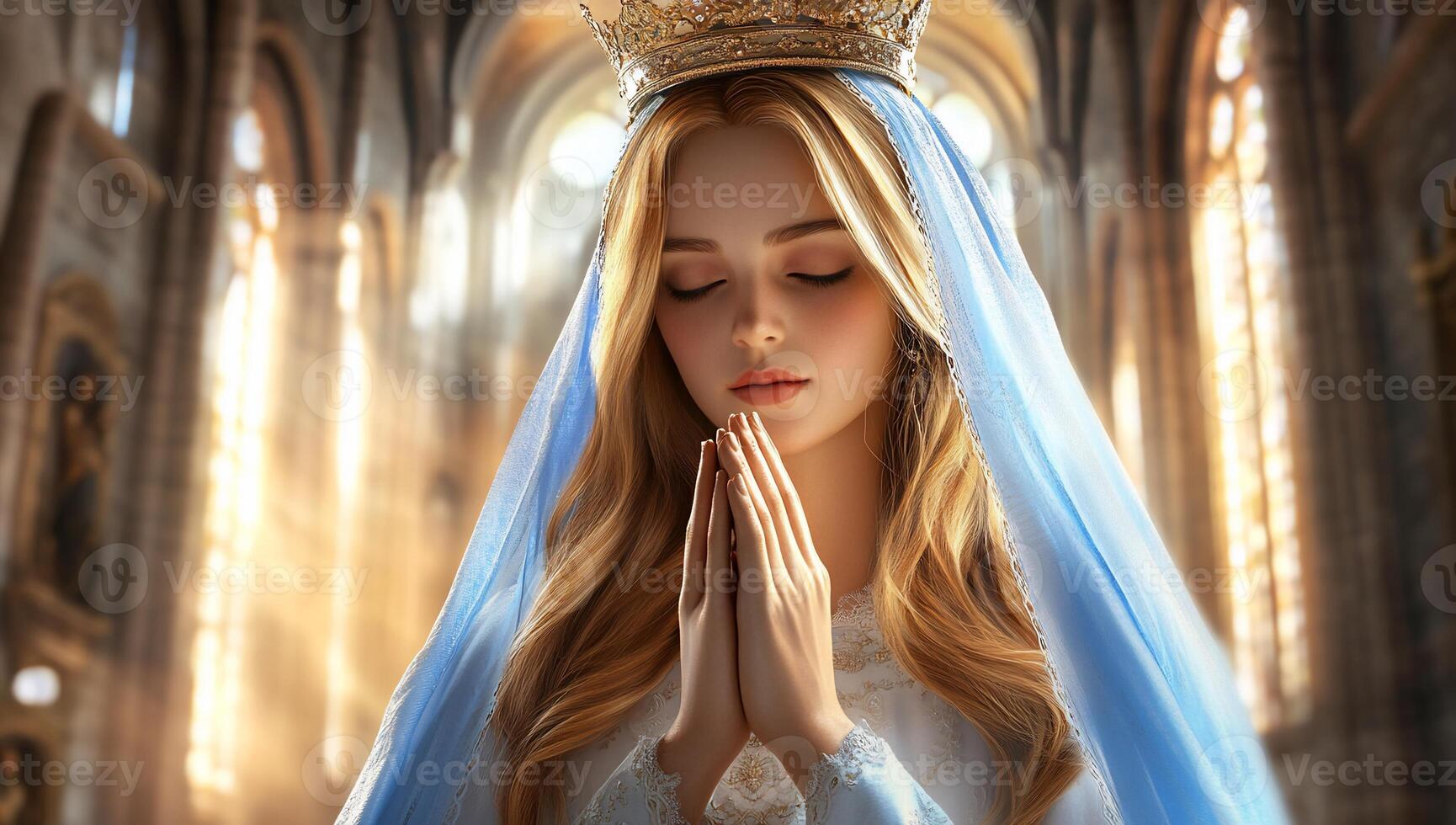 A serene figure in prayer, adorned with a crown and veil in a cathedral. photo
