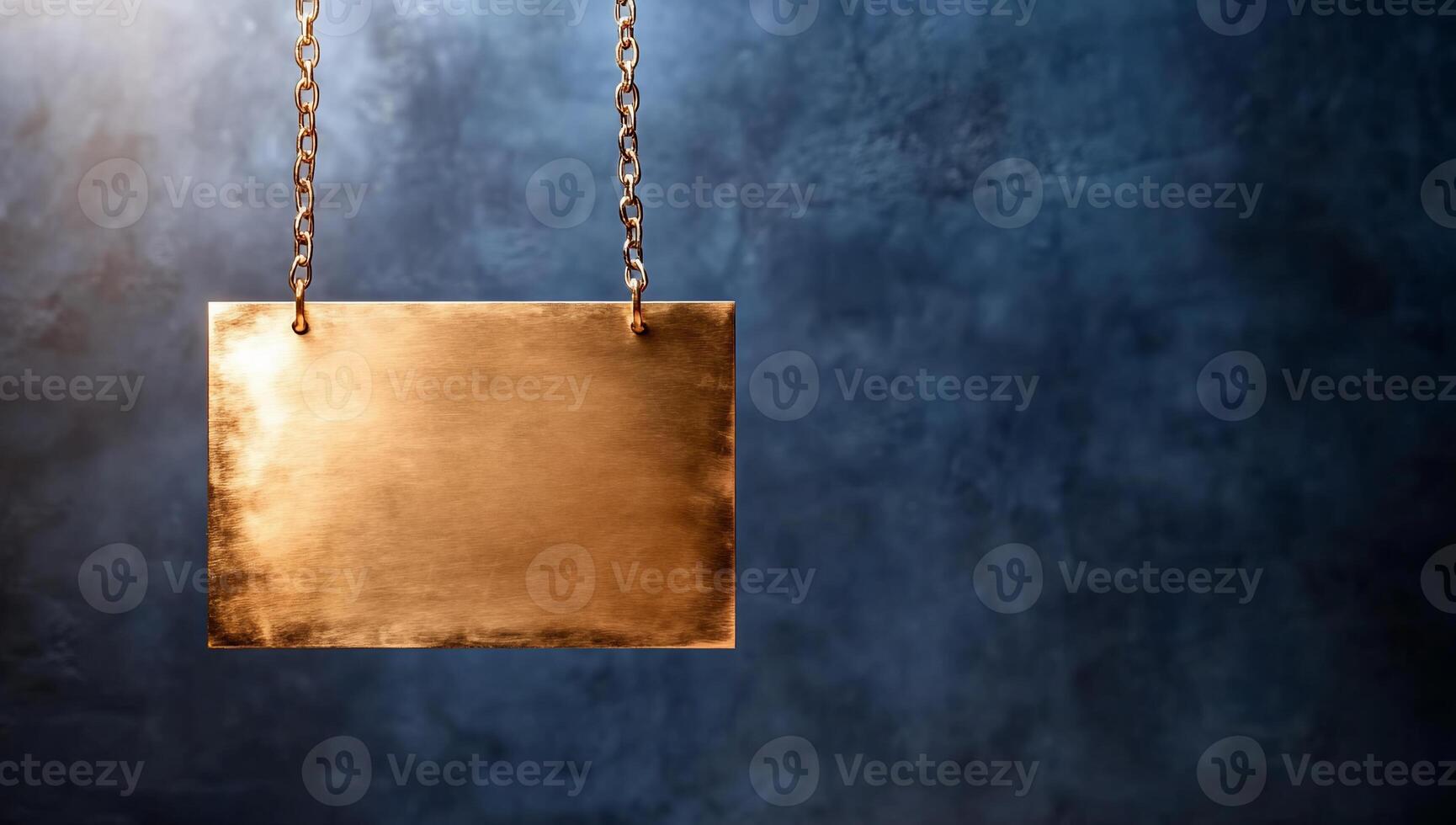 A hanging blank metal sign against a textured blue background. photo