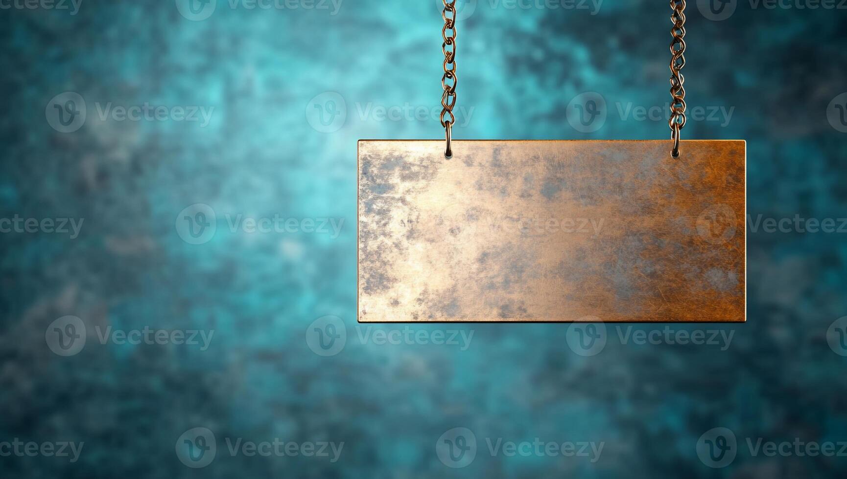 A hanging metal sign against a textured blue background. photo