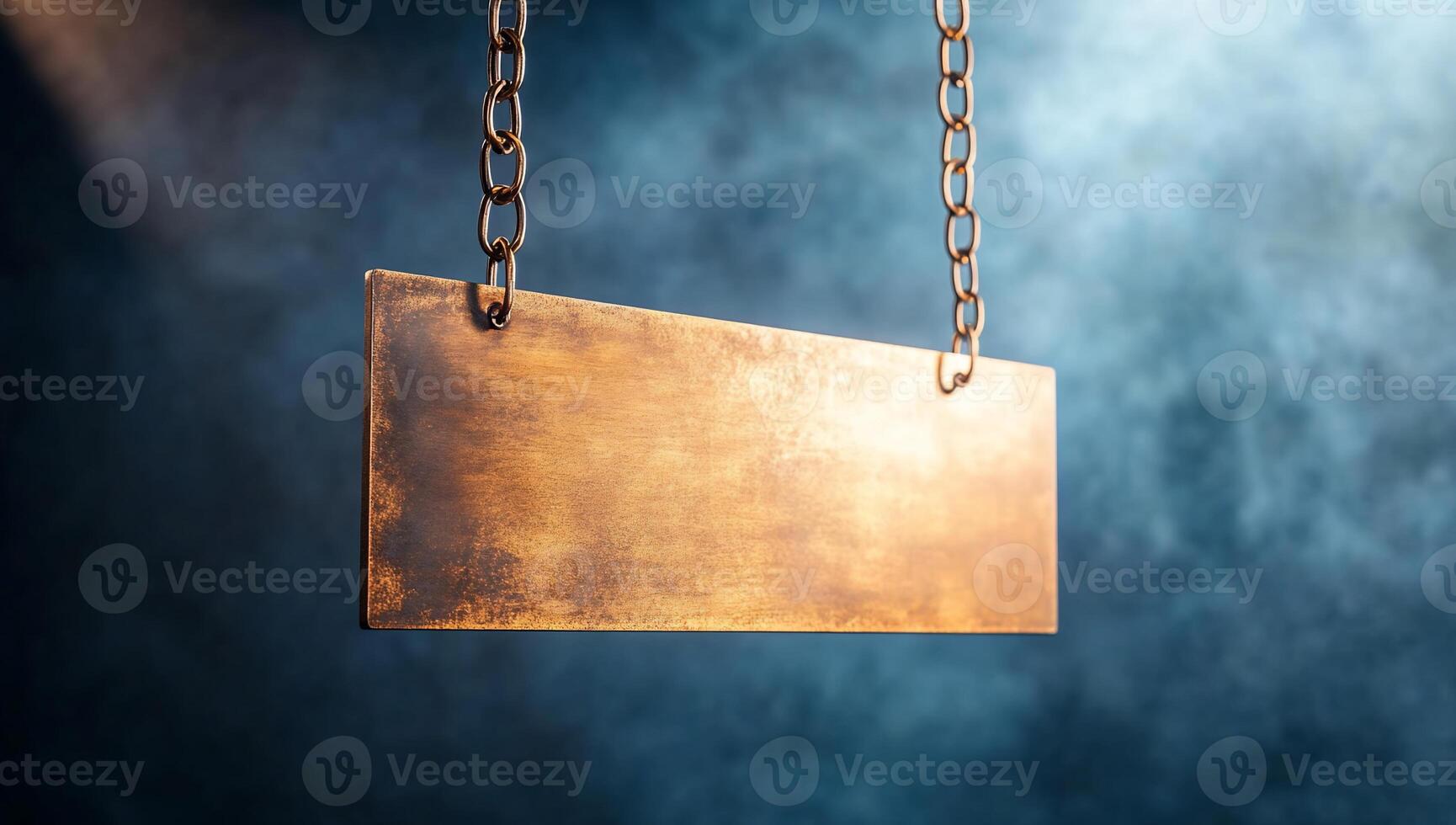 A metal sign hanging from a chain photo