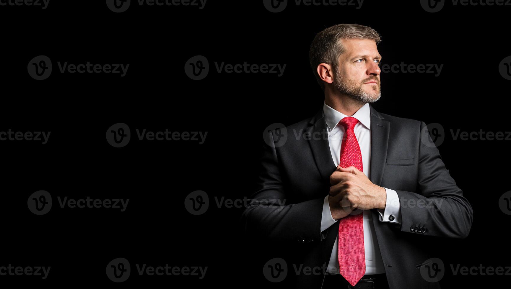 A man in a suit and tie is adjusting his tie photo