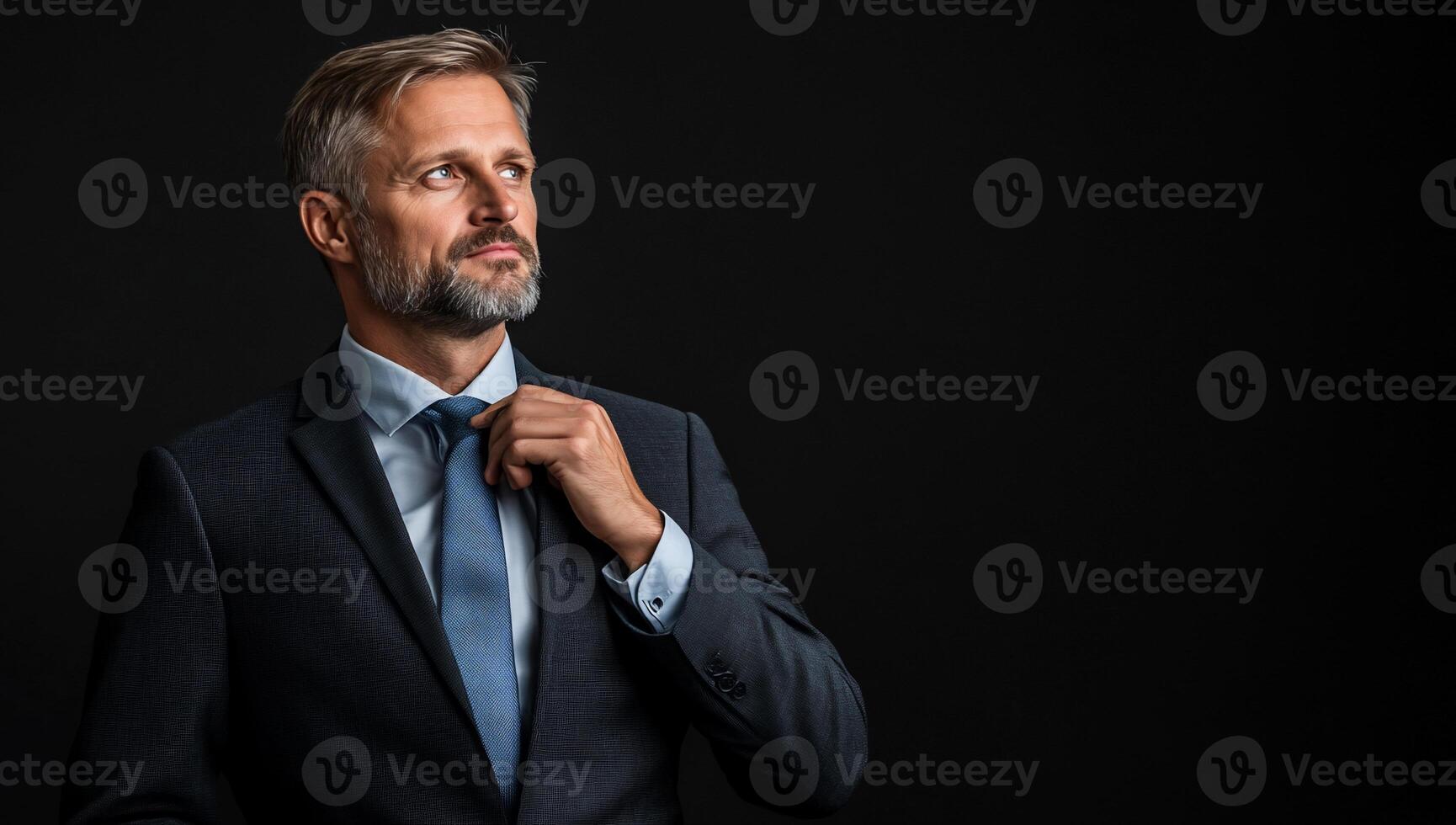 A man in a suit adjusting his tie photo