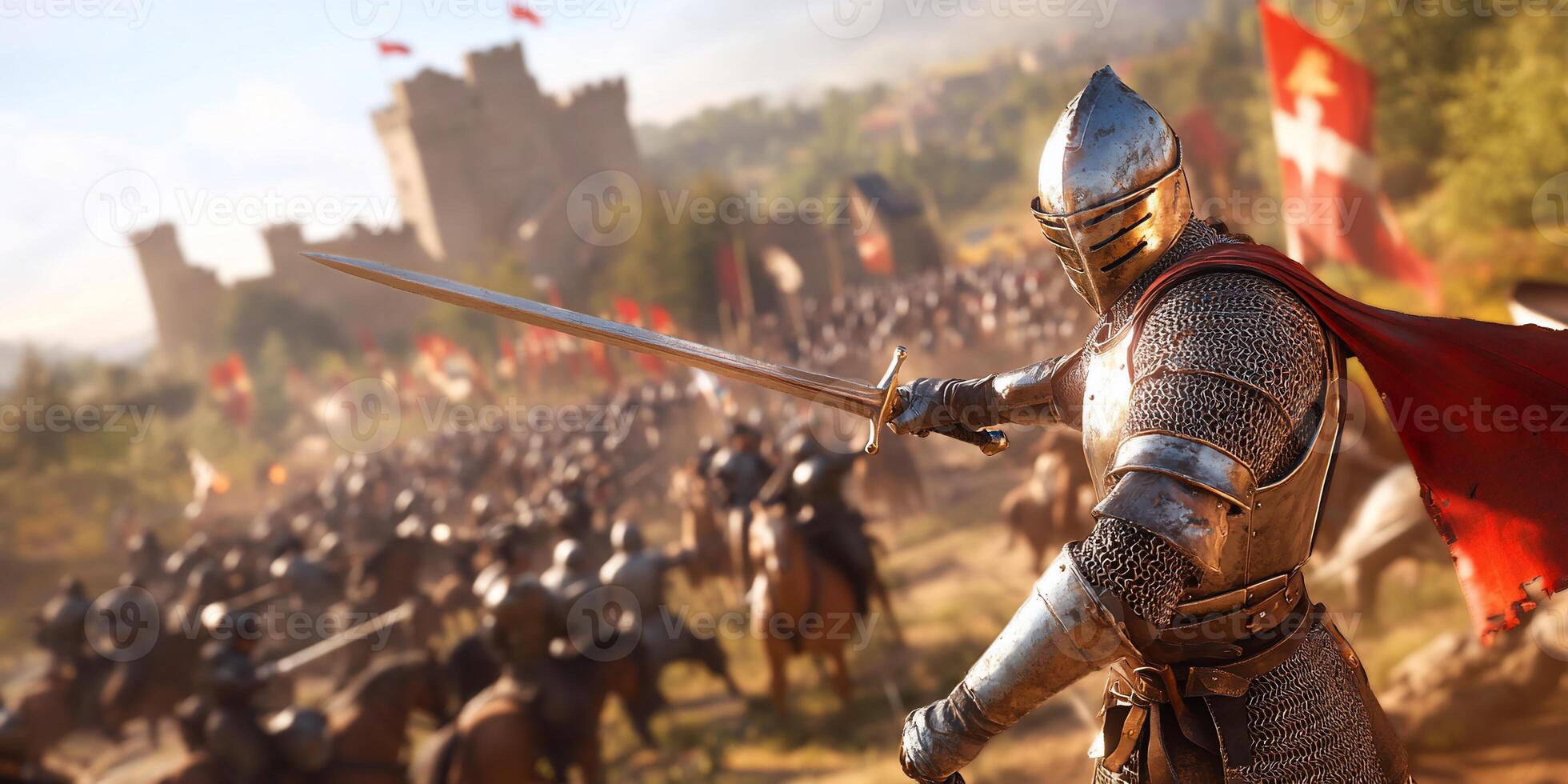 A knight in armor leads a cavalry charge towards a castle. photo