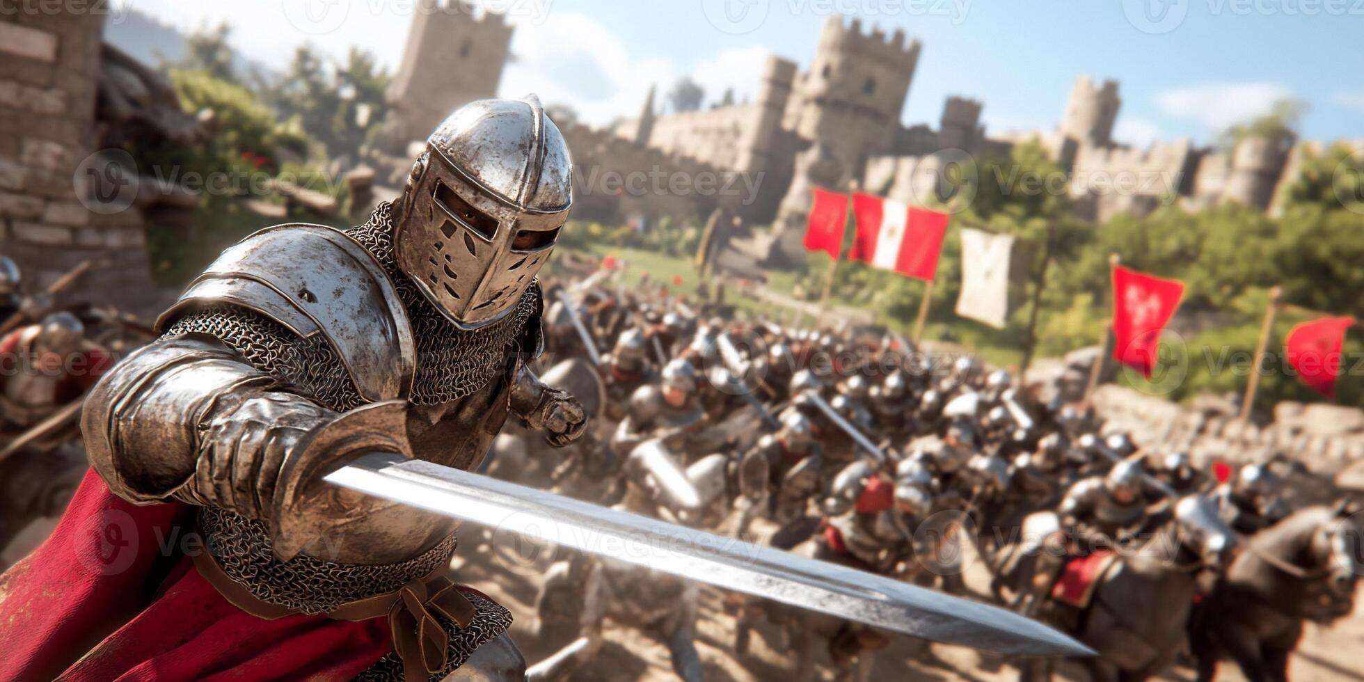 A medieval battle scene with armored knights and a castle backdrop. photo