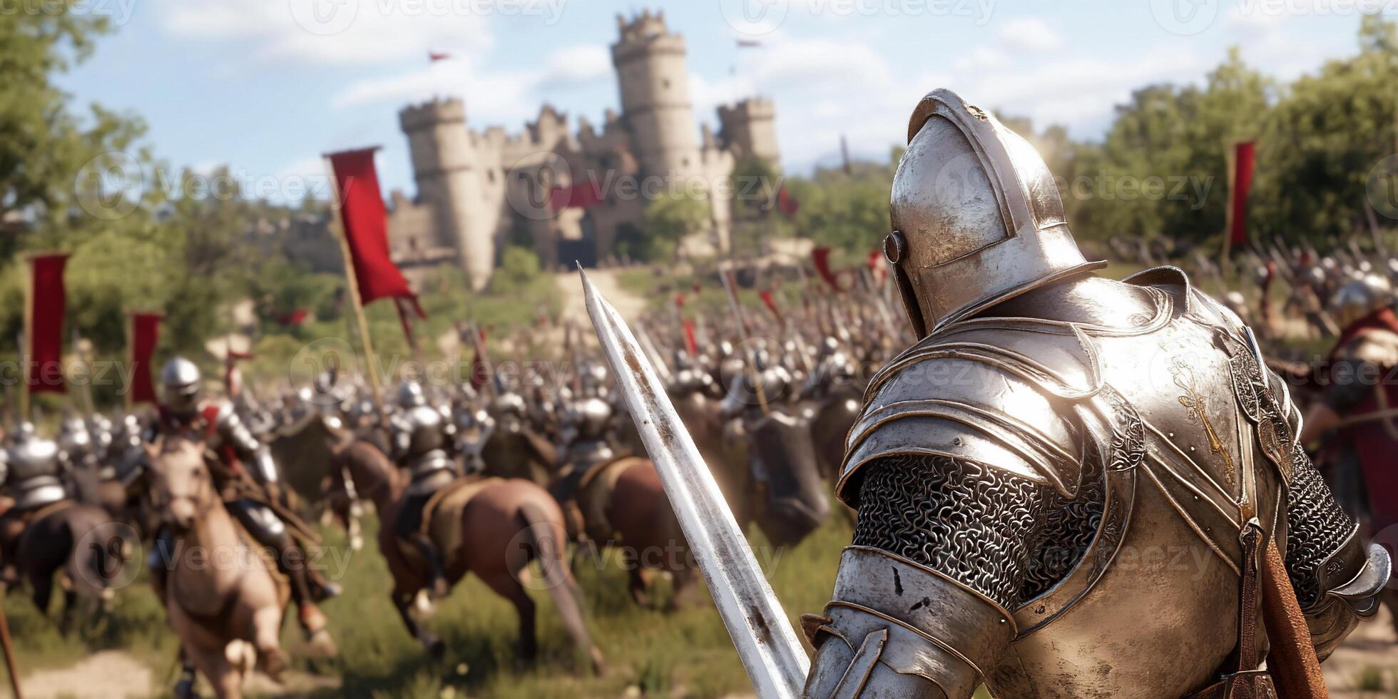 A knight leads an army toward a castle in a medieval battle scene. photo