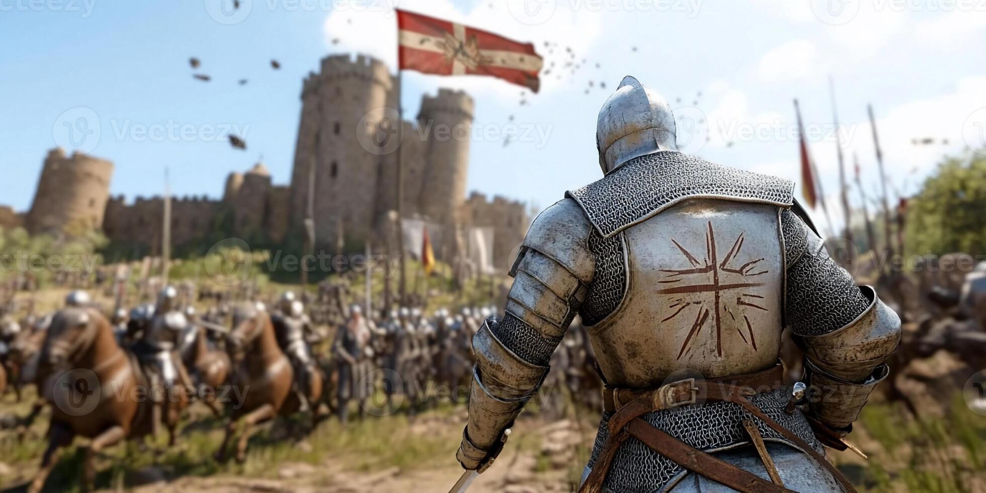 A knight leads an army towards a medieval castle in battle preparation. photo