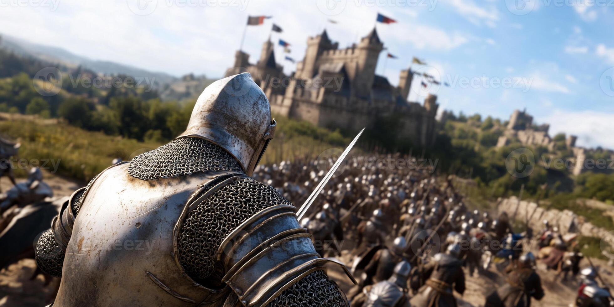 A knight leads an army toward a medieval castle in a battle scene. photo
